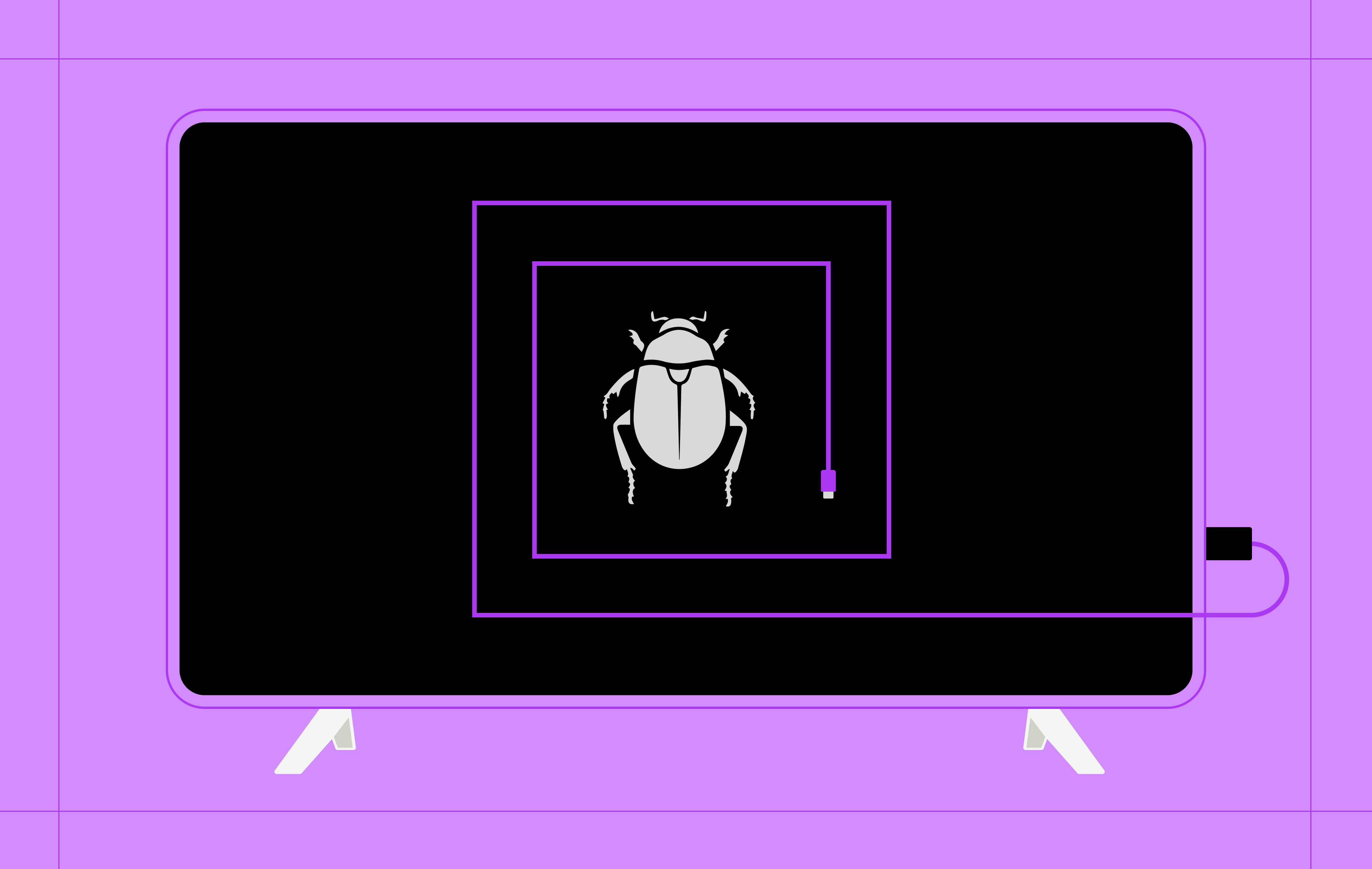 An illustration of a beetle displaying on a smart TV. A purple cord is plugged in to the TV and winds its way around the beetle.