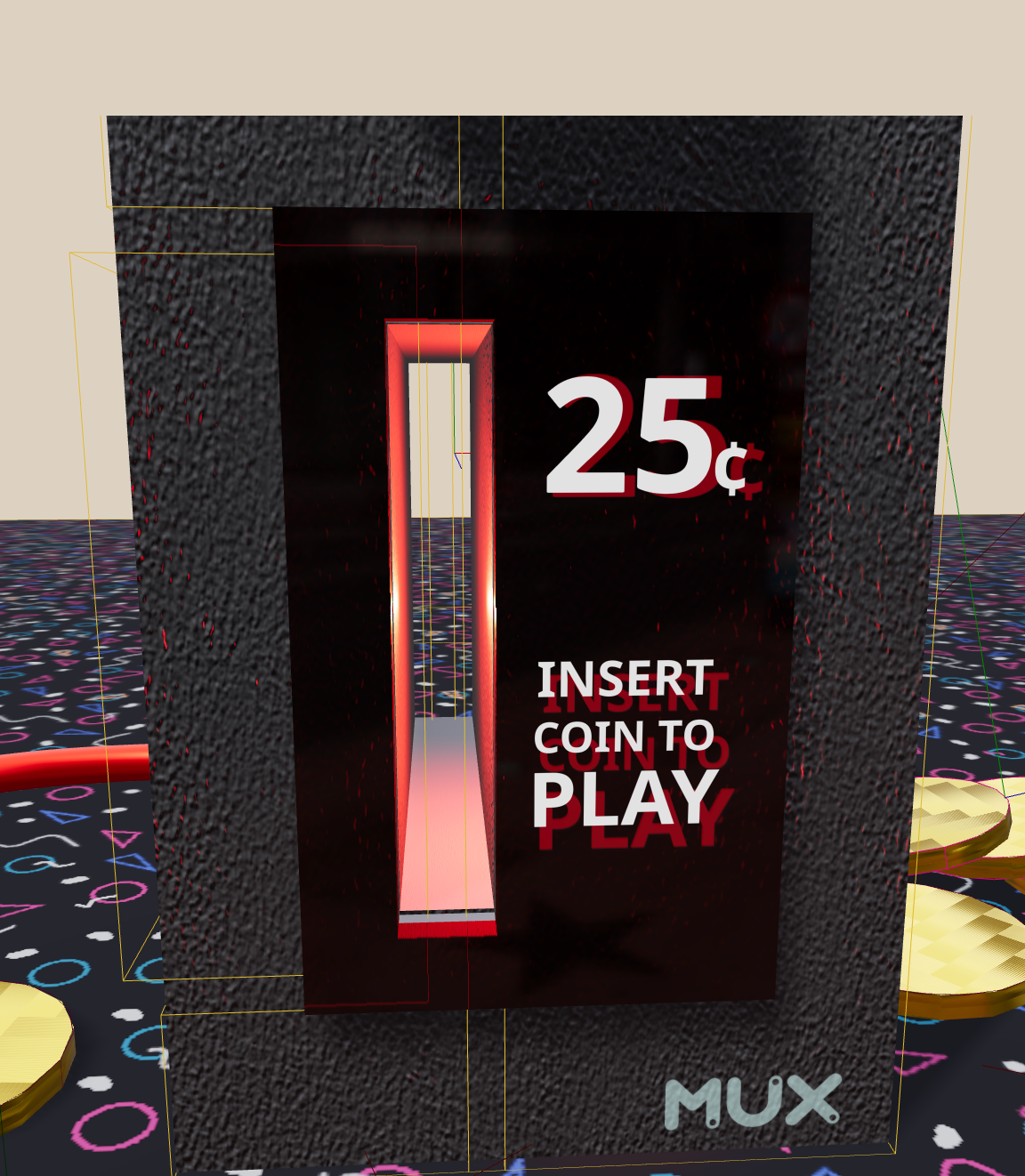 A close-up of a black arcade coin mechanism displays the glowing slot and bold text reading “25¢ INSERT COIN TO PLAY.” Yellow wireframe outlines represent the colliders aligned with the slot’s mesh components, forming the physical boundaries that define the path coins must travel through—ultimately guiding them toward the internal sensor that confirms successful insertion.