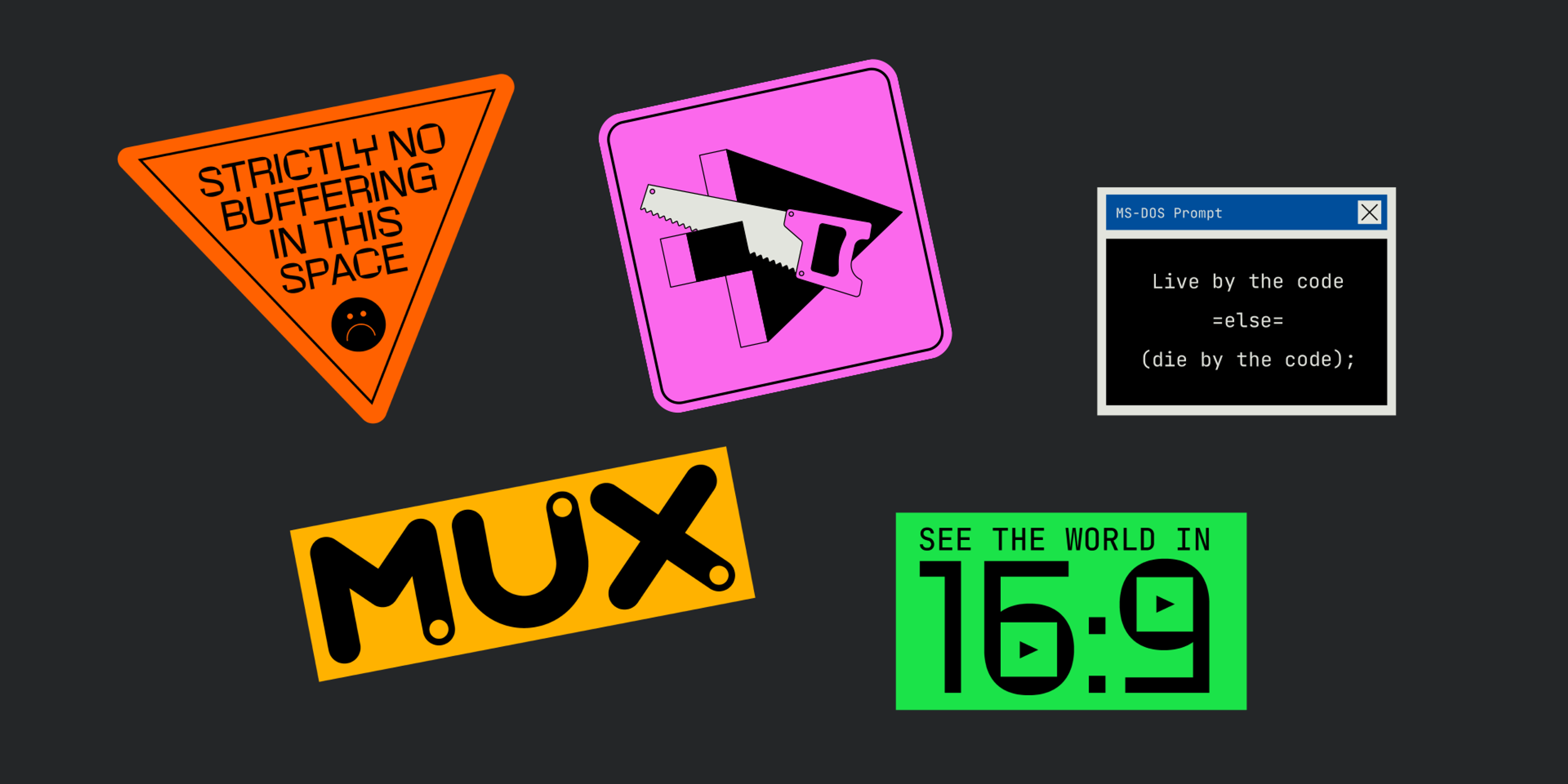 A collection sticker mockups created using the new Mux branding.
