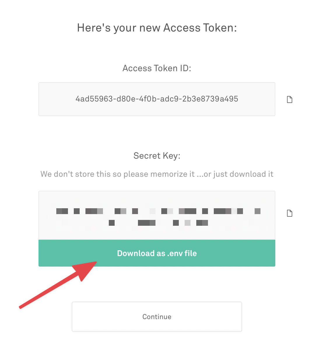 Screenshot of a newly created Mux access token with the secret key blurred out.