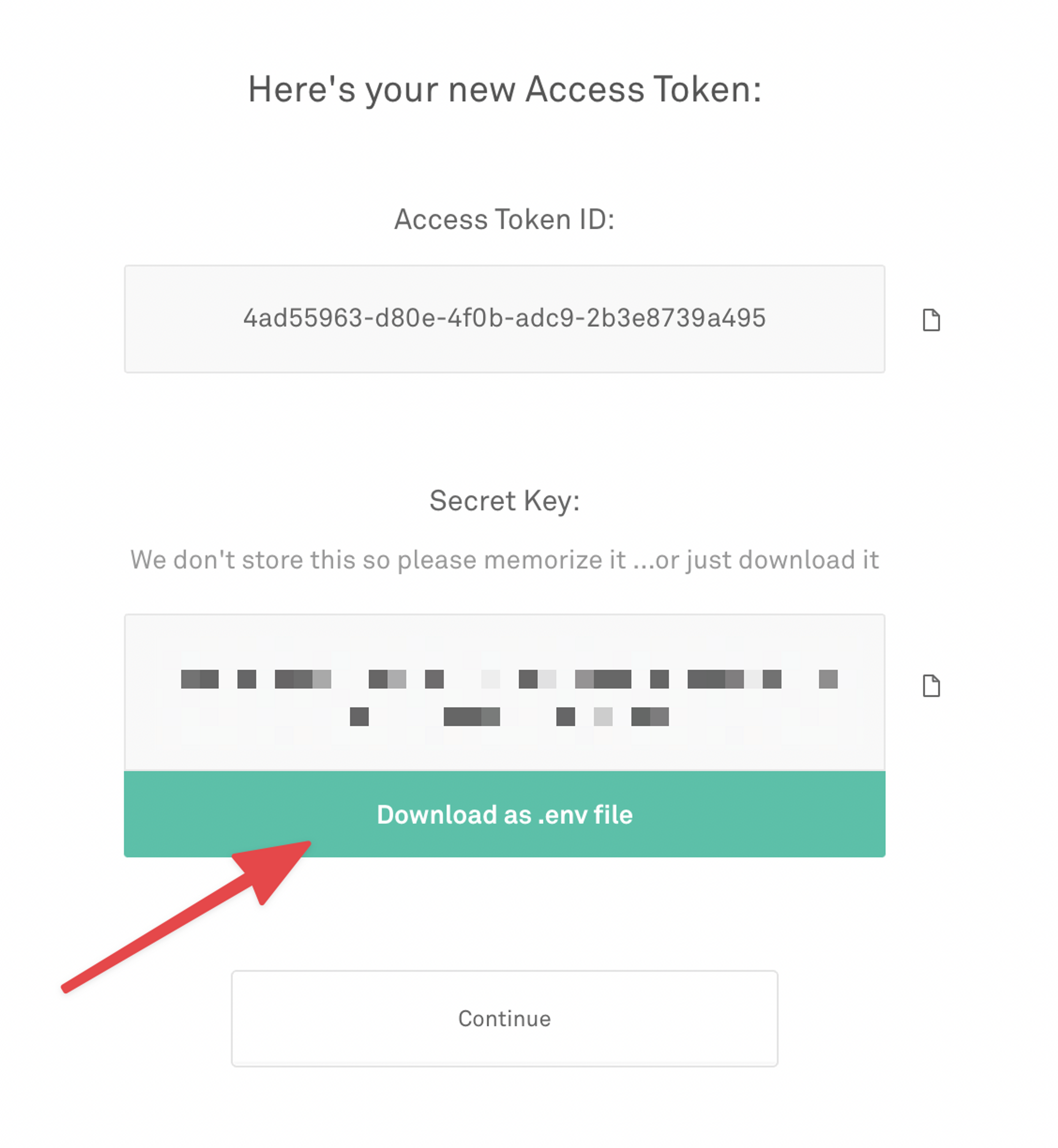 Screenshot of a newly created Mux access token with the secret key blurred out.