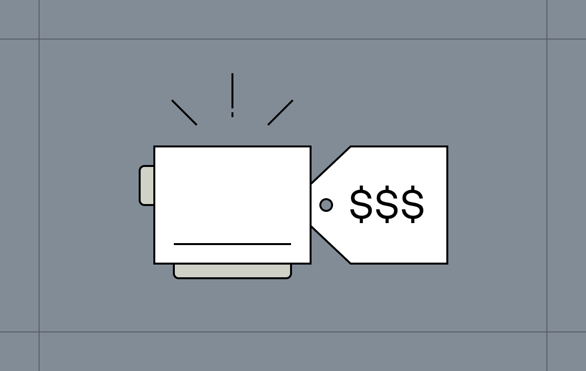 On a grey background is an image representing a video camera, with a price tag with 3 dollar signs making up the shape of the lens.