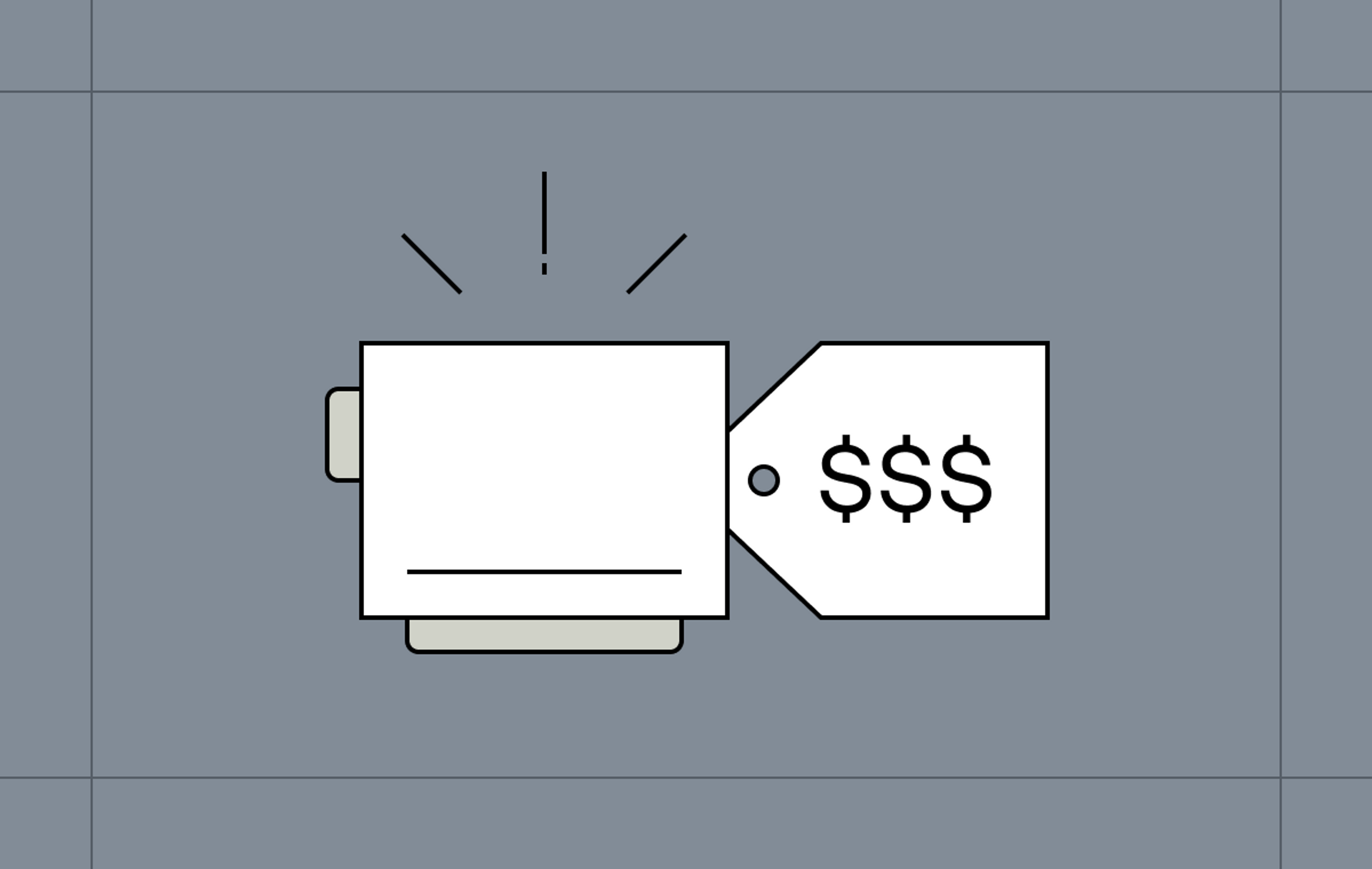On a grey background is an image representing a video camera, with a price tag with 3 dollar signs making up the shape of the lens.
