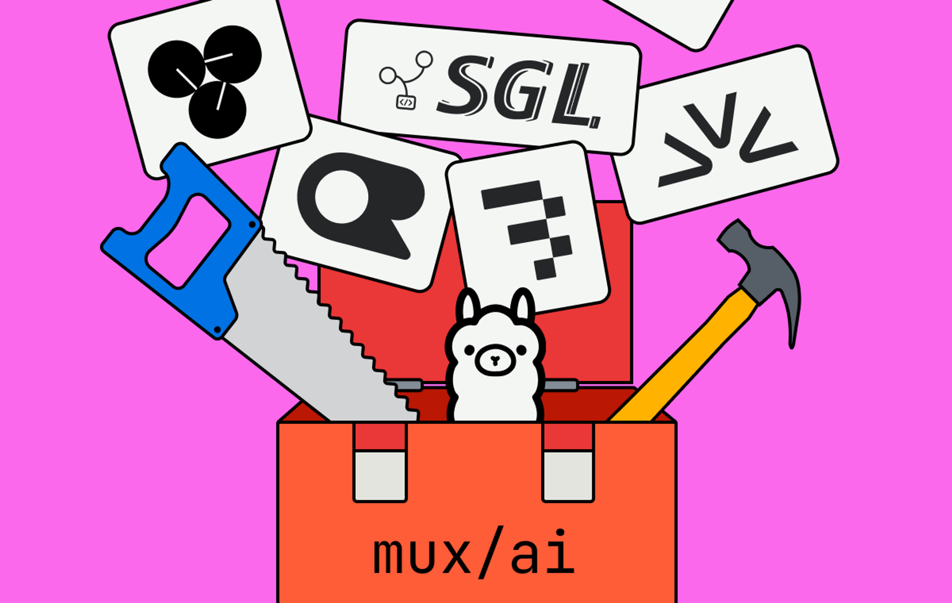 A toolkit labeled "mux/ai" with logos of different LLMs exploding out of it