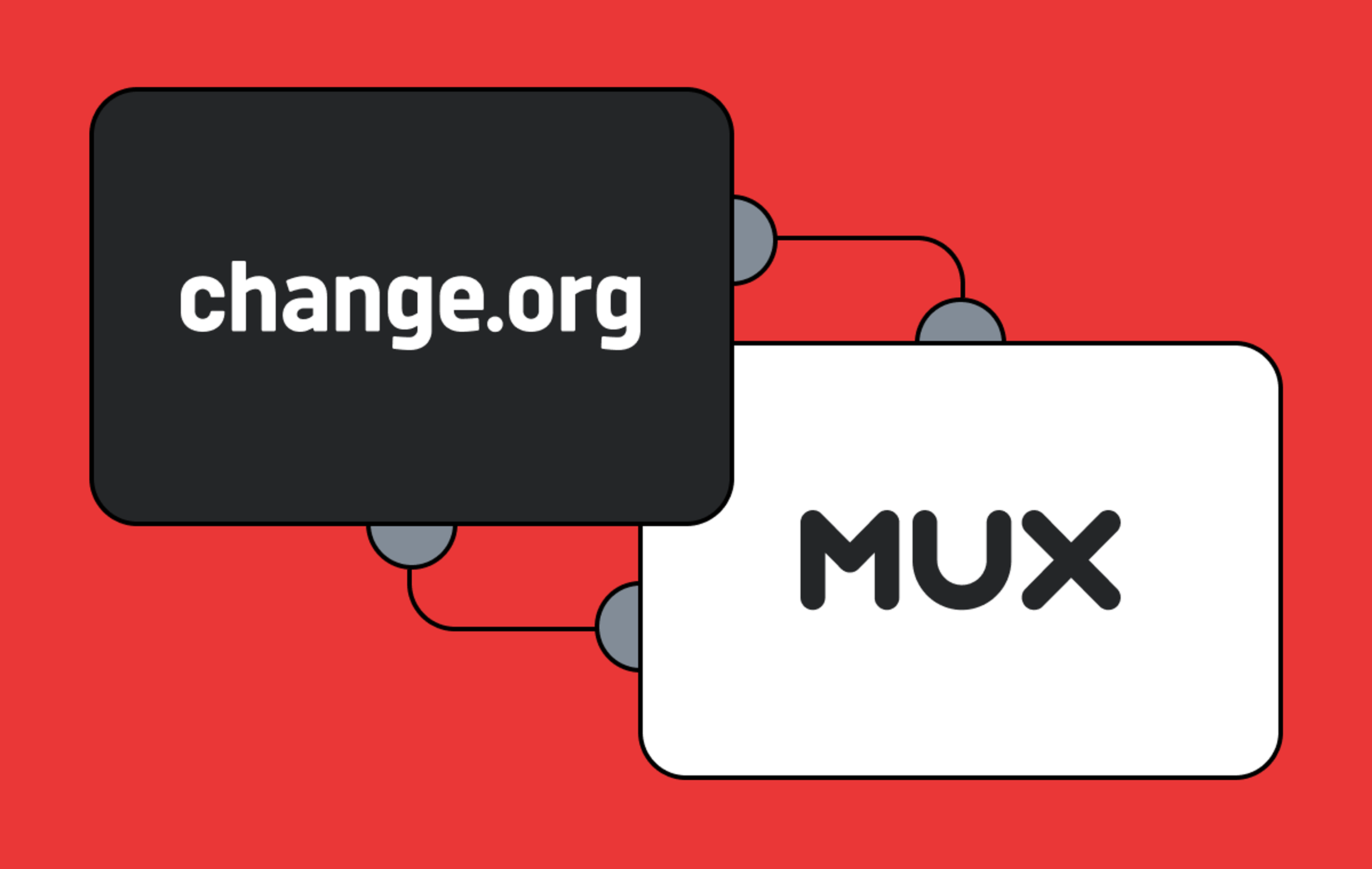 change.org logo on the left, Mux logo on the right, atop a red background