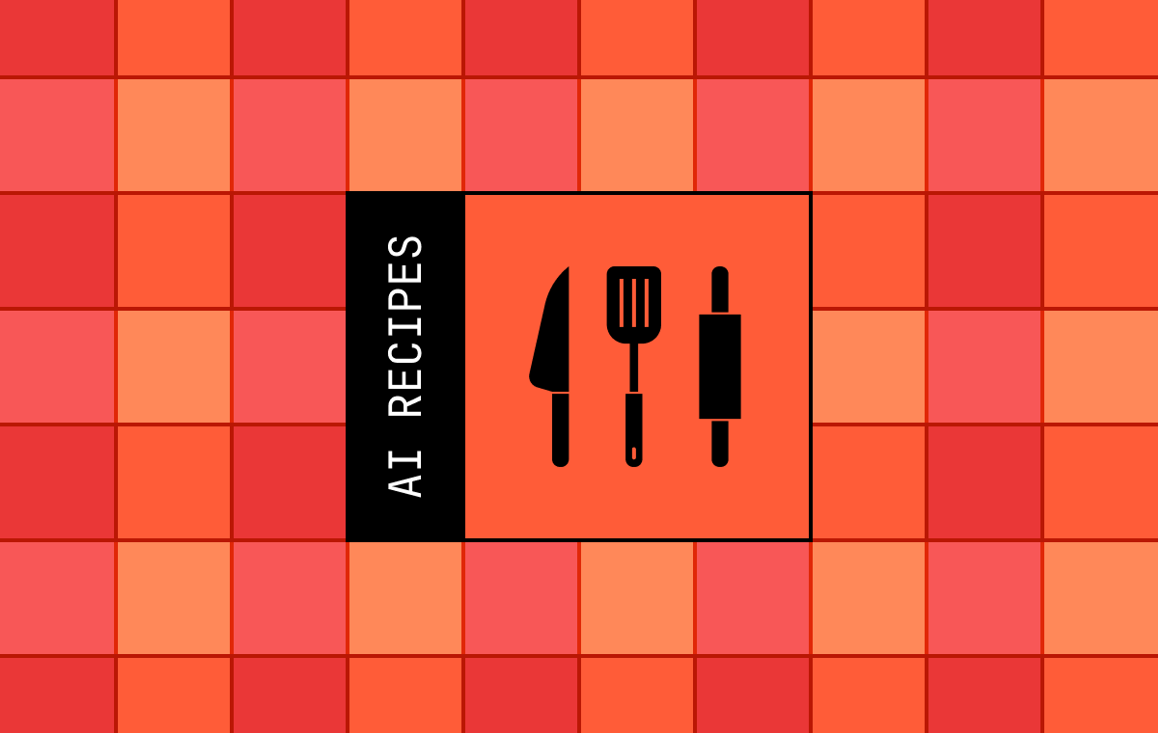 AI Recipes graphic with knife, spatula, and rolling pin icons on an orange and red tiled background.