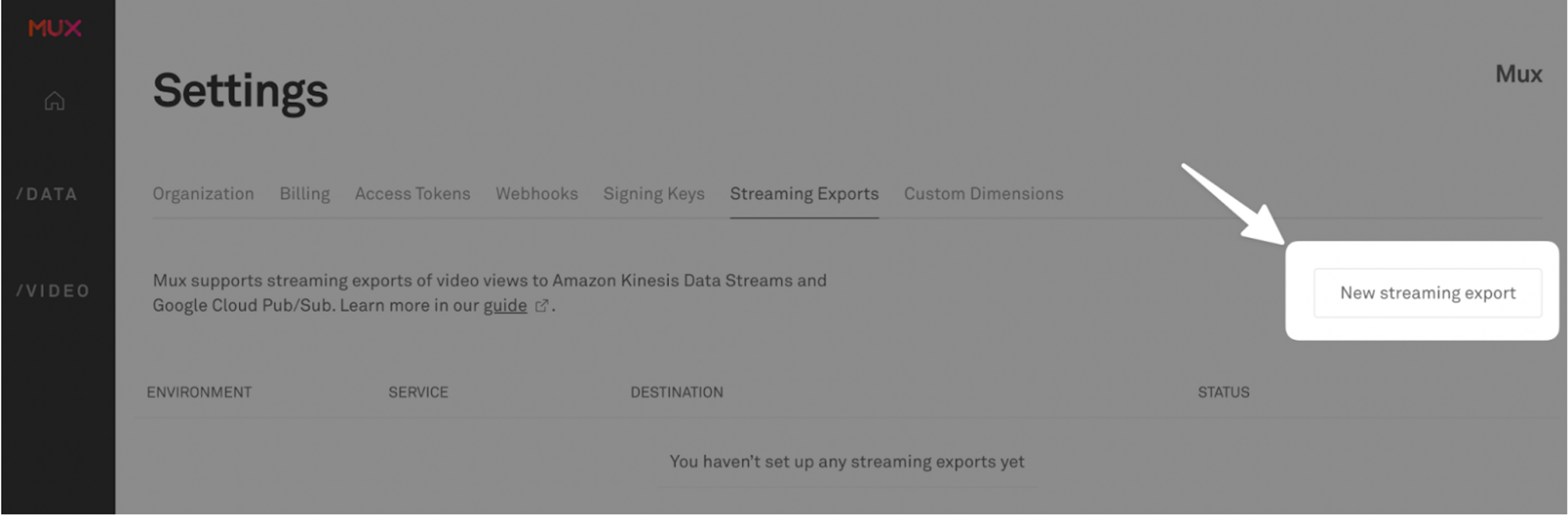 Settings page with a "New streaming export" button in focus on the right.