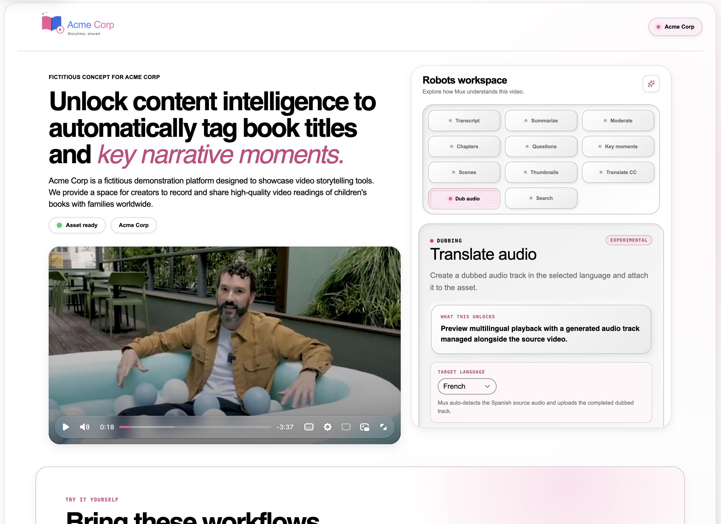 Fictitious concept demo for Acme Corp, showing a video player with a man in an inflatable ball pool, alongside a 'Robots workspace' panel. The active Dub audio tab shows a 'Translate audio' panel set to French, auto-detecting Spanish source audio.