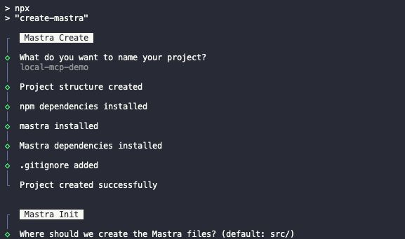 A terminal containing a snippet of the create-mastra command.