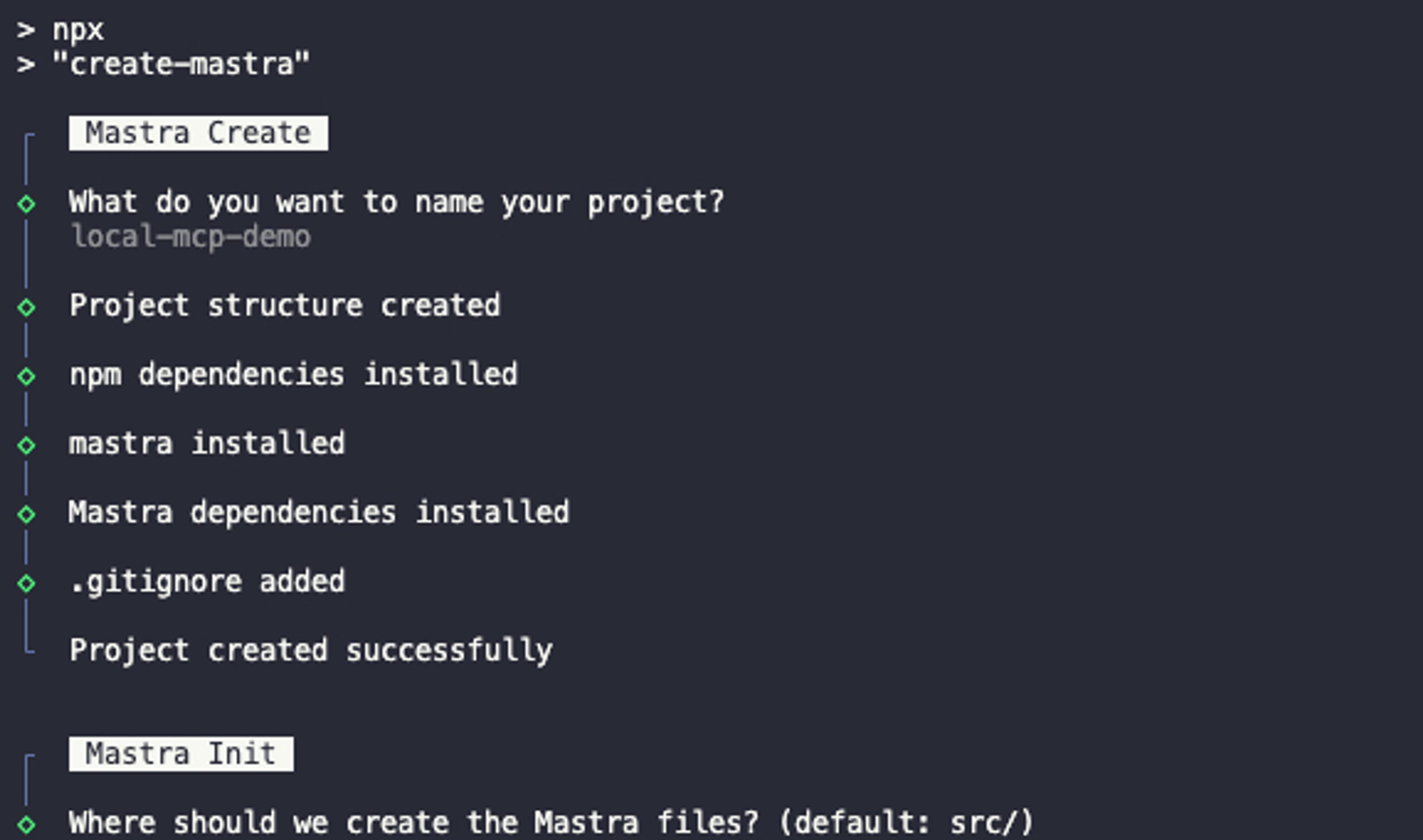 A terminal containing a snippet of the create-mastra command.
