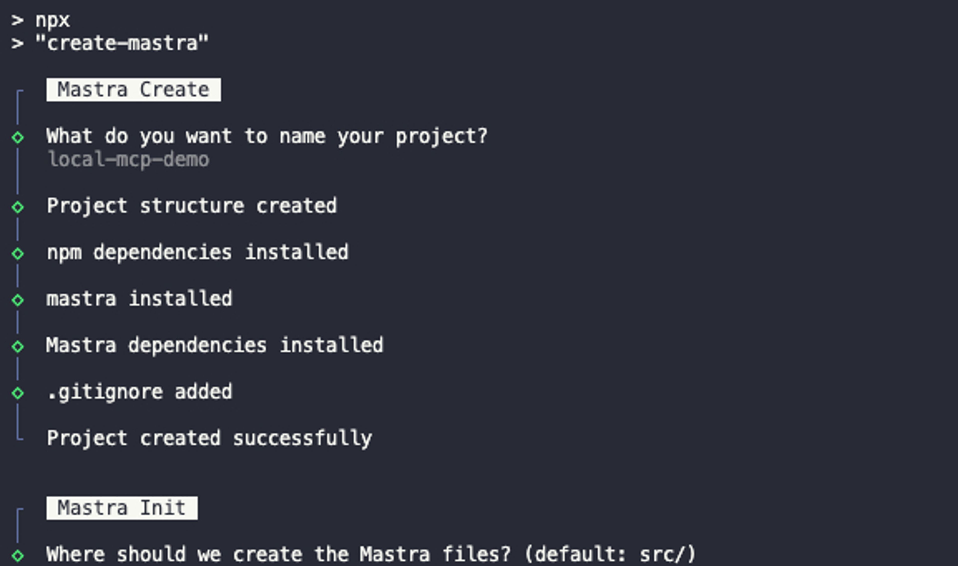 A terminal containing a snippet of the create-mastra command.