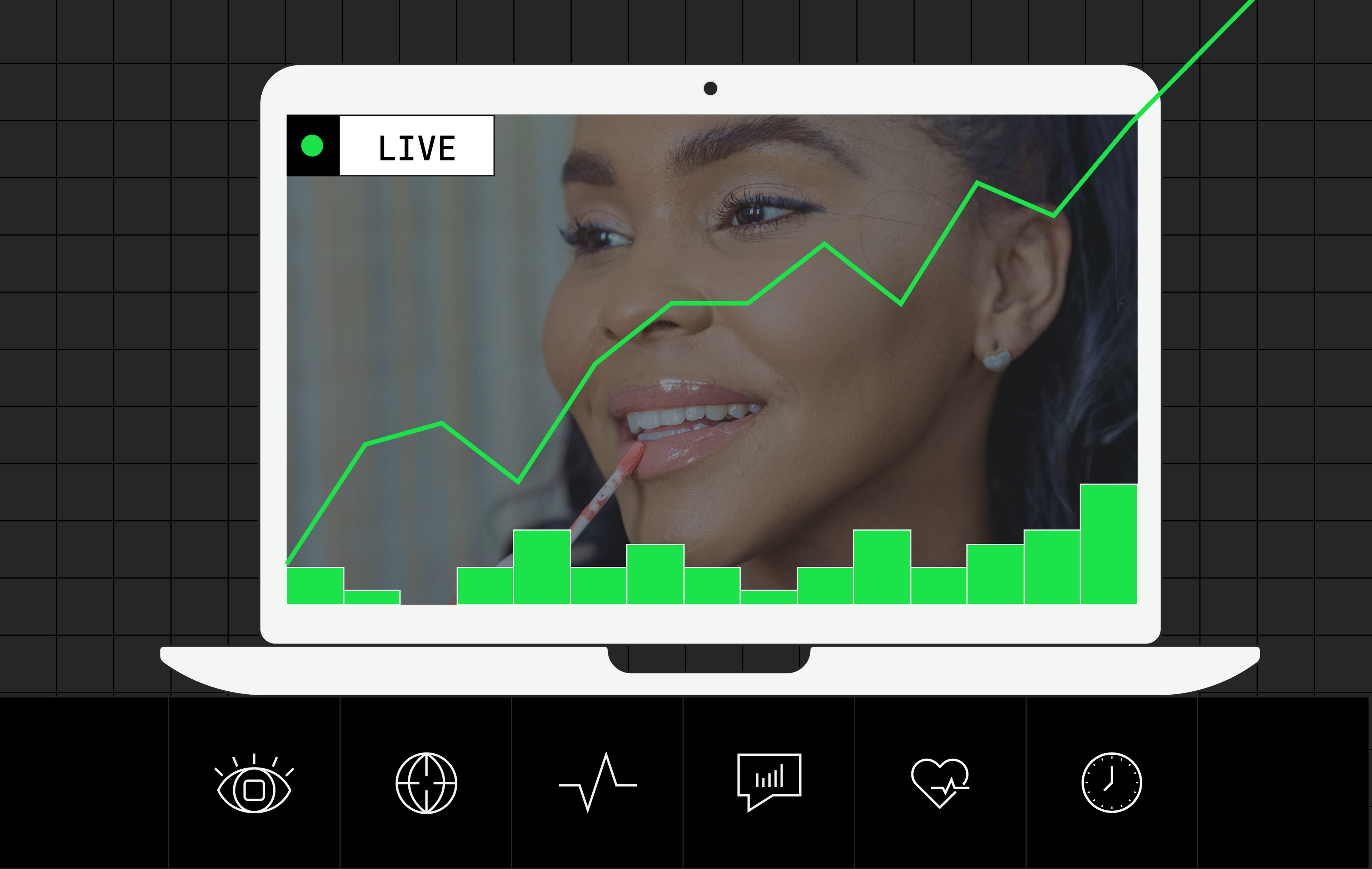 An illustration of a laptop displaying a live video stream. The video shows a smiling woman applying lip gloss. The video is overlayed with a green bar chart and a green line chart showing growth.