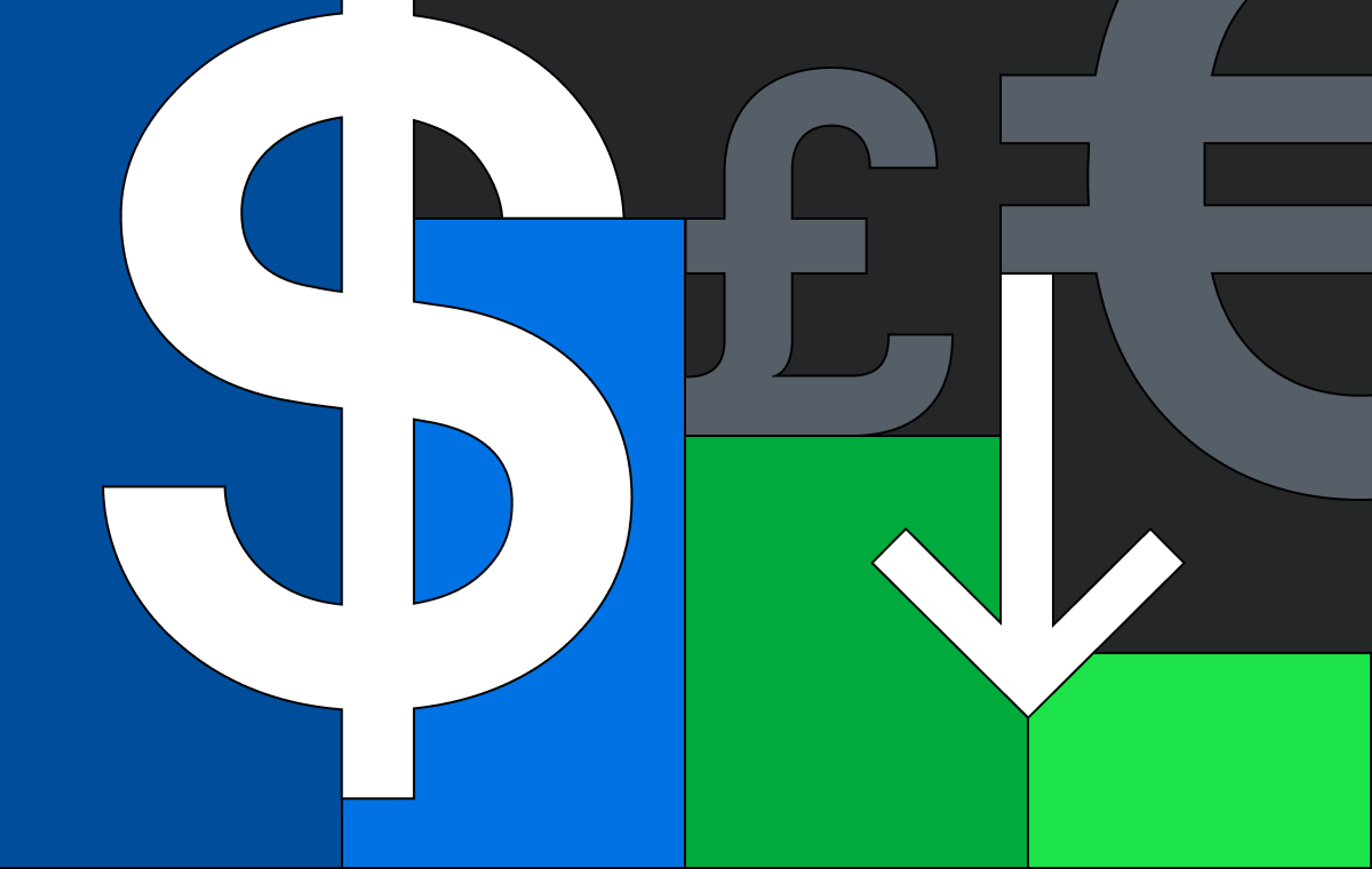 Different currency symbols with an arrow down indicating pricing is going down
