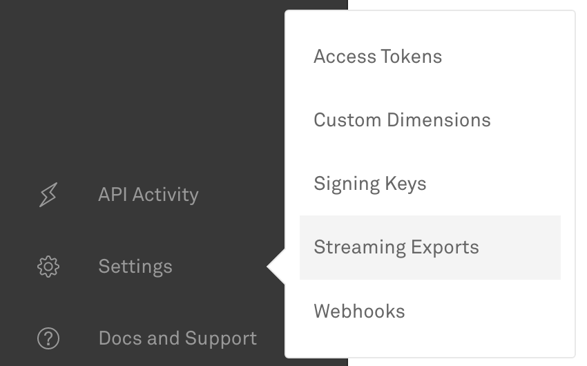 A screenshot showing the "Streaming Exports" submenu item selected, located under "Settings" in the Mux dashboard.