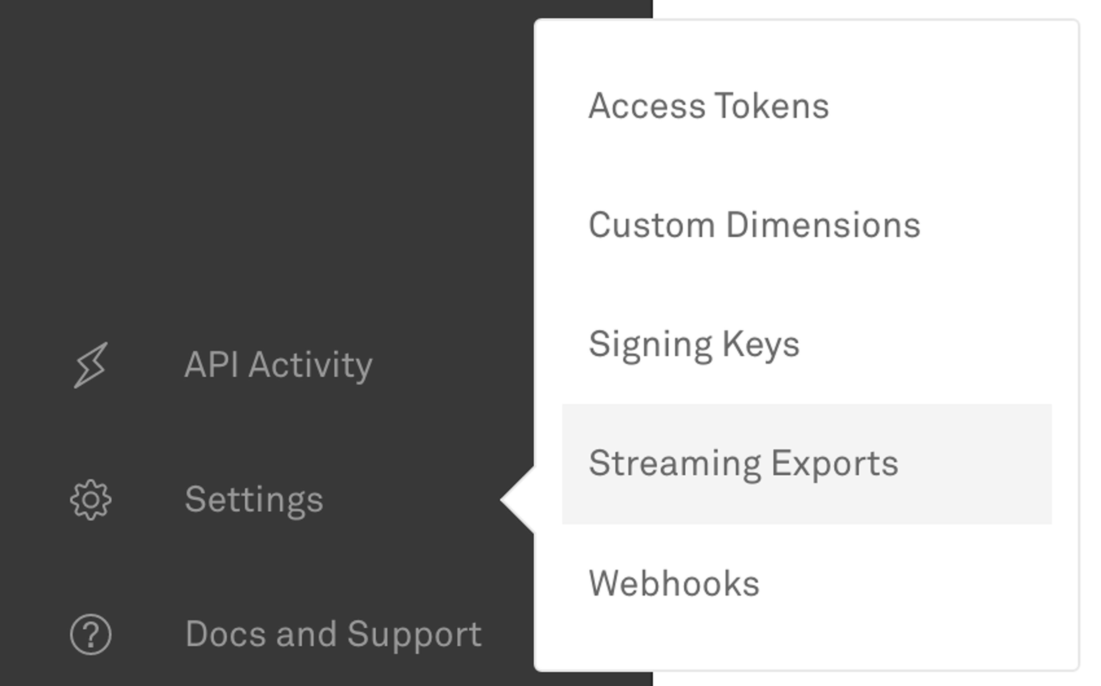 A screenshot showing the "Streaming Exports" submenu item selected, located under "Settings" in the Mux dashboard.