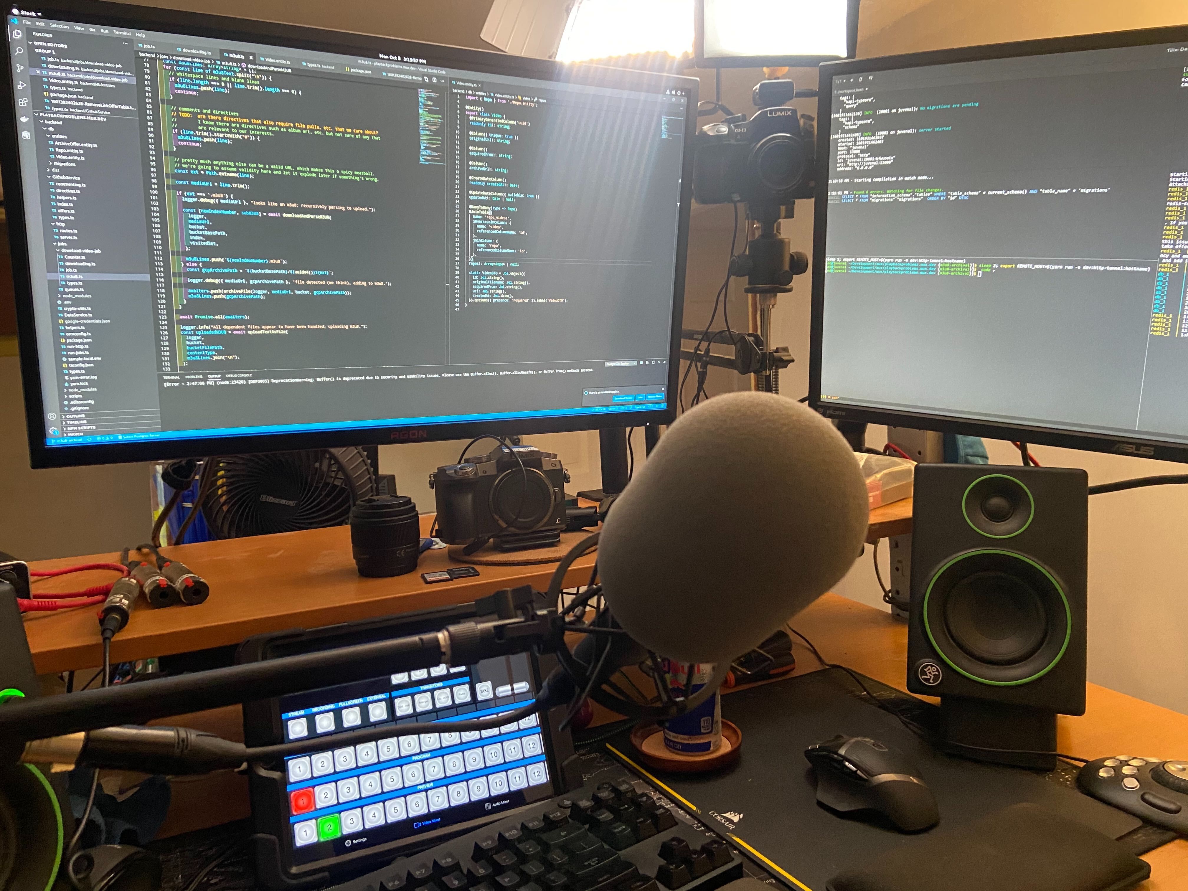 Ed's "I am a software developer and also a video producer" desk setup. It has never been orderly, not once.
