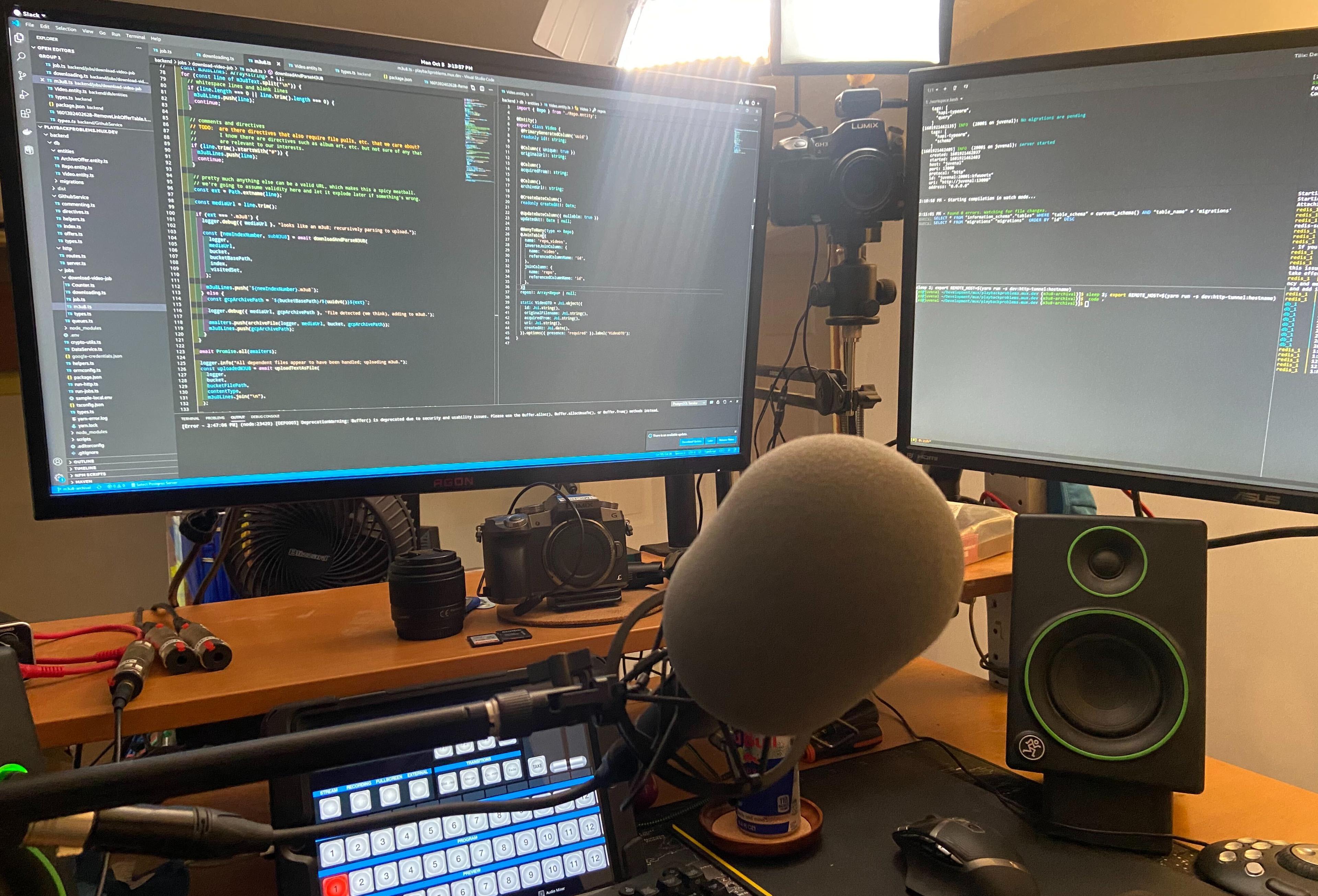 Ed's "I am a software developer and also a video producer" desk setup. It has never been orderly, not once.