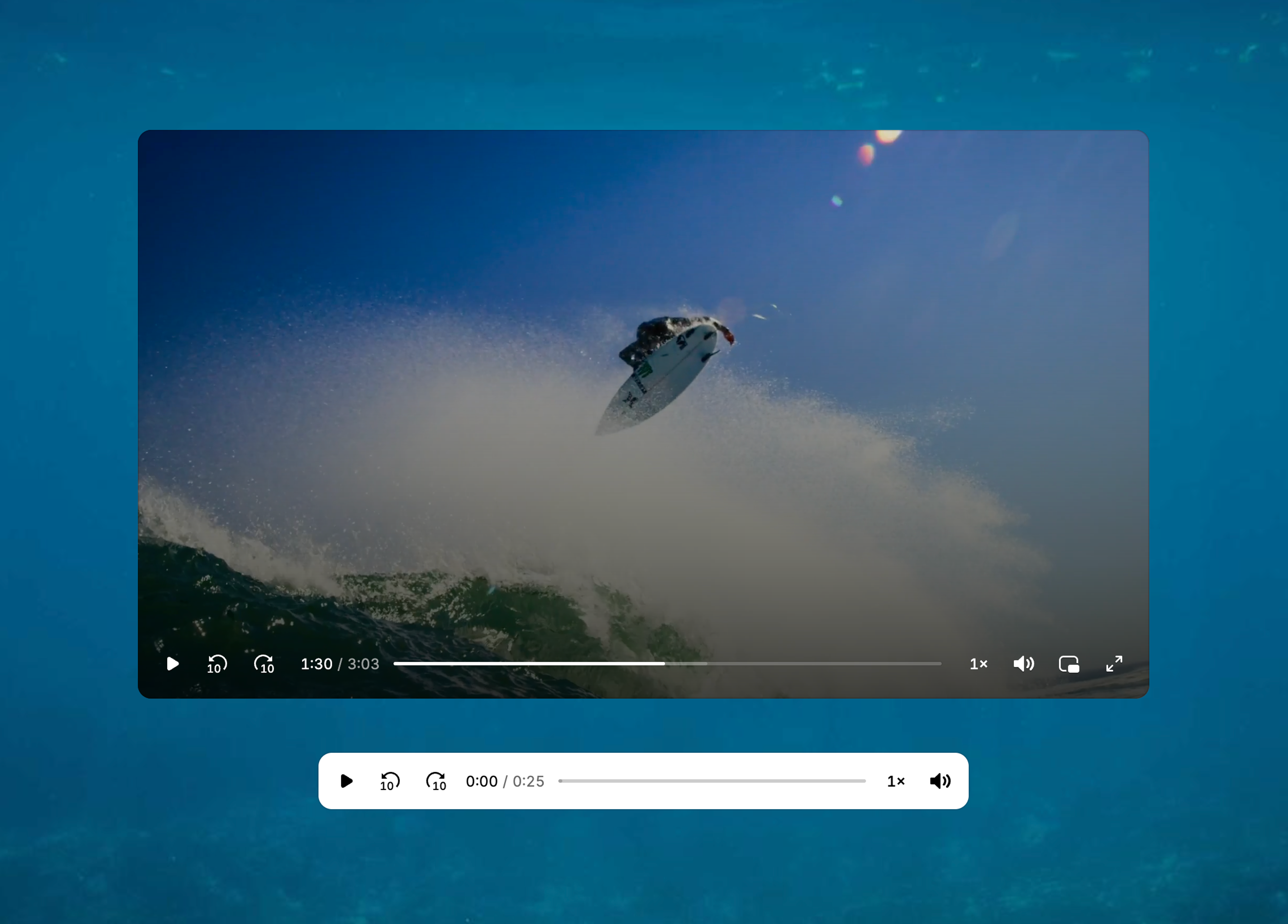 Video.js v10 minimal skin in light variant, shown with a surfer launching off a wave.