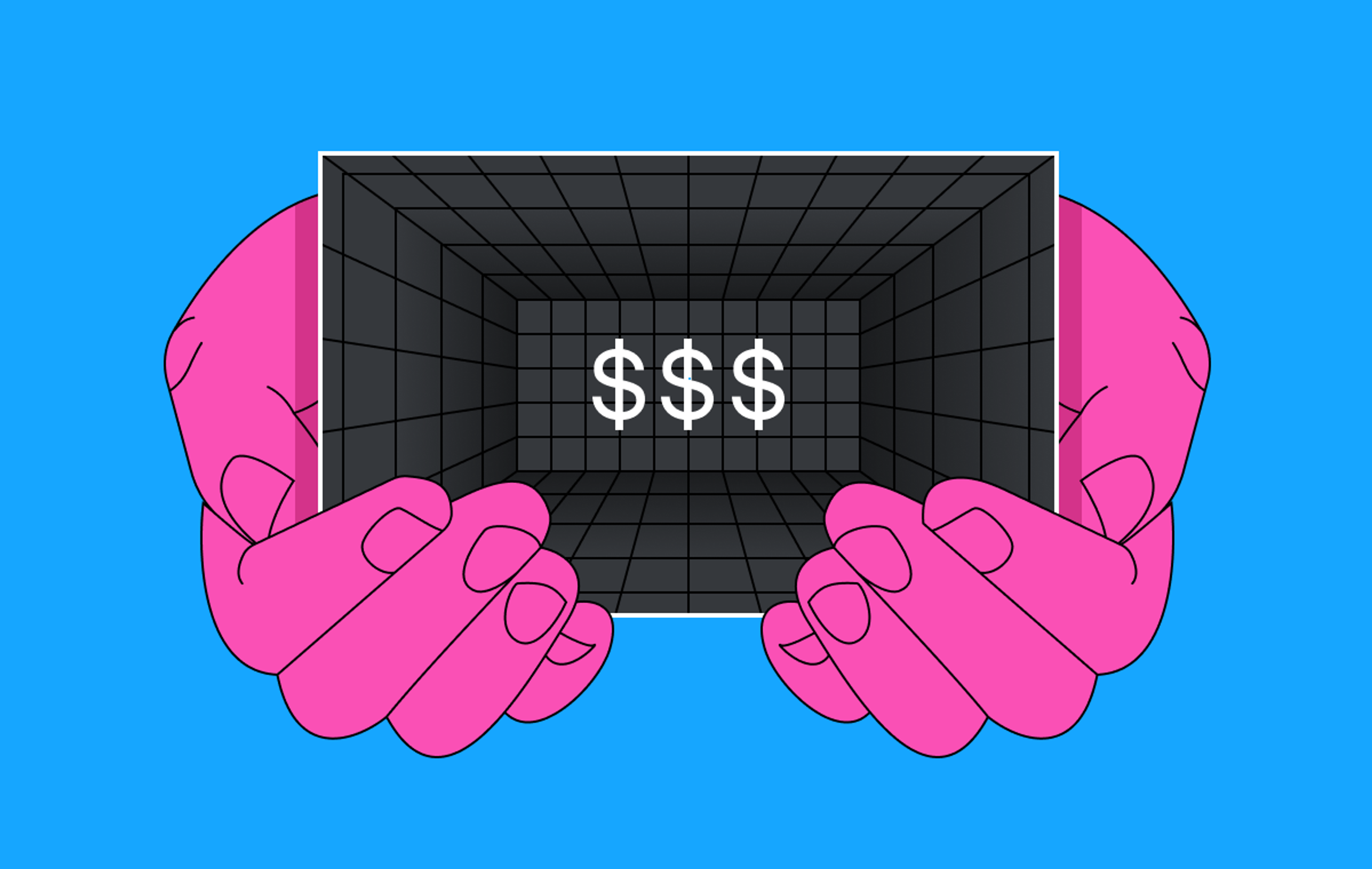 On a blue background, two pink hands holding a 3D box with 3 dollar signs