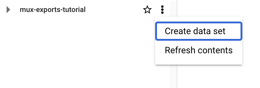 A screenshot showing the location of the "Create data set" action, located under a kebab menu.