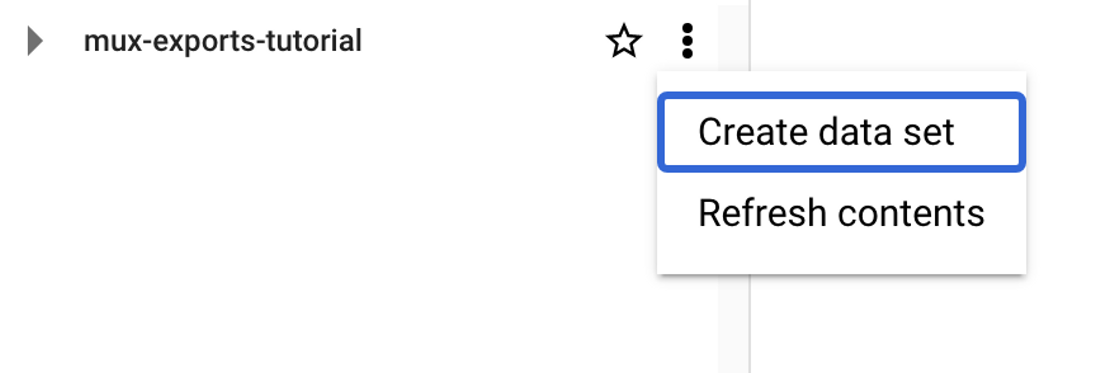 A screenshot showing the location of the "Create data set" action, located under a kebab menu.