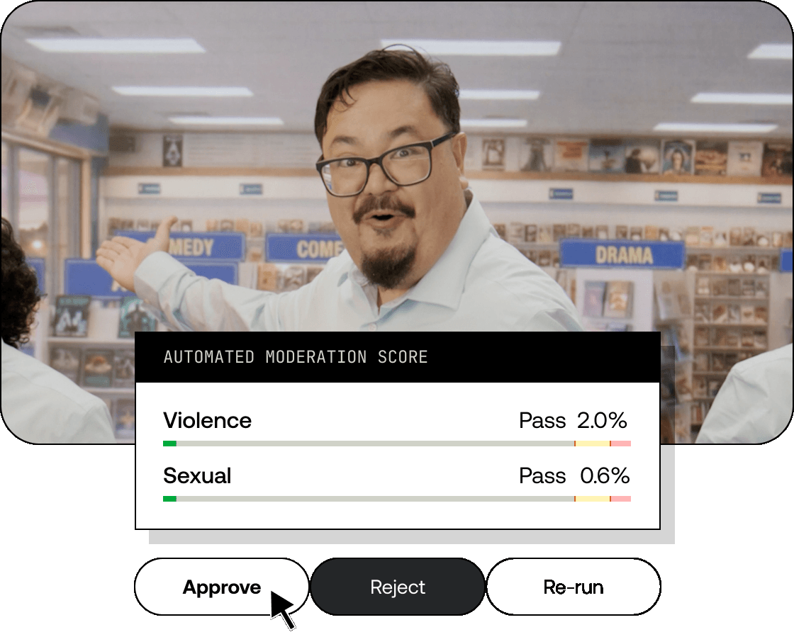 Automated moderation result passing violence at 2.0% and sexual content at 0.6%, with approve, reject, and re-run actions.