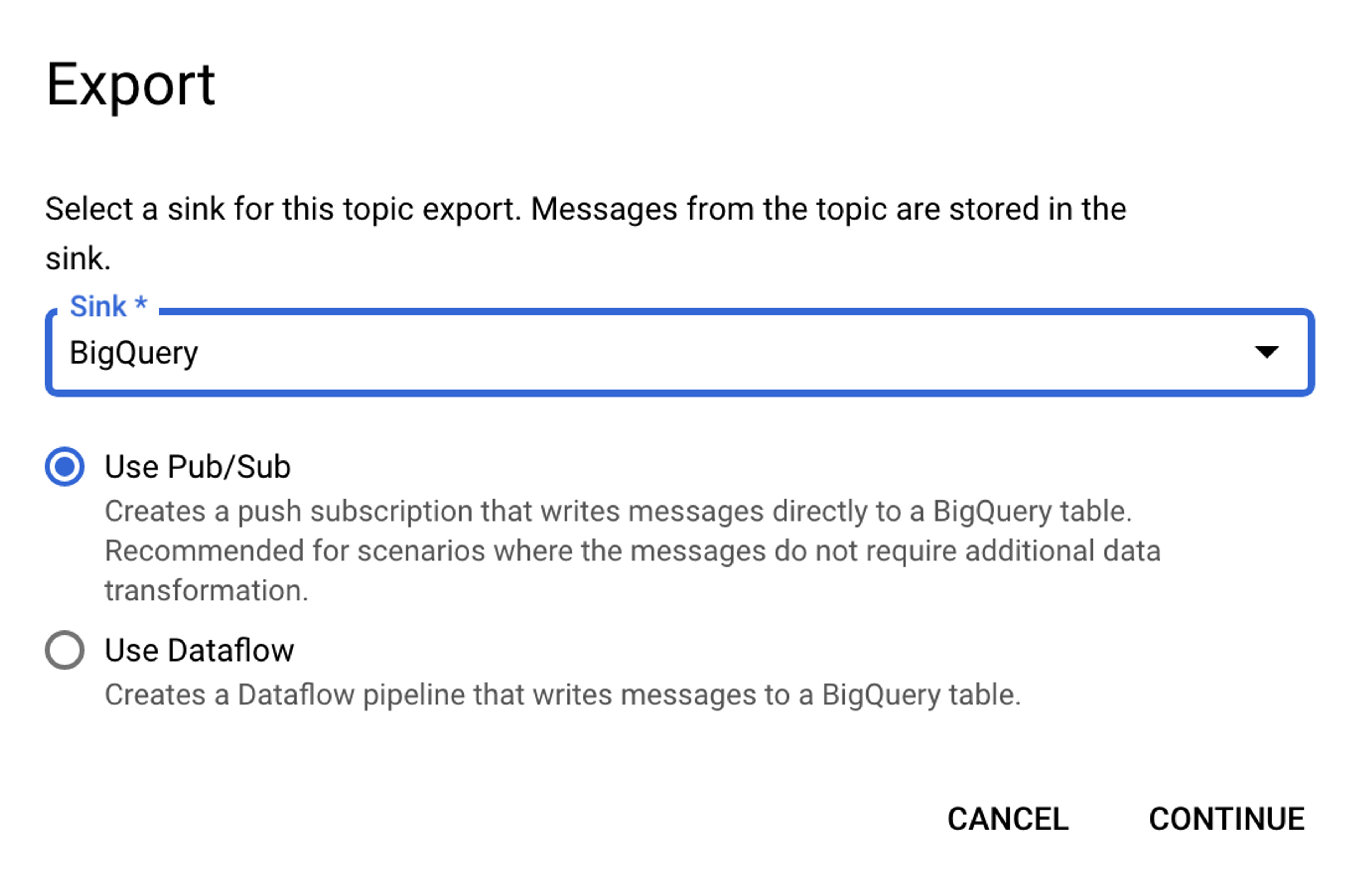 A screenshot of a section labeled "Export." The "Sink" dropdown value is selected as "BigQuery" and the Use Pub/Sub radio is selected.