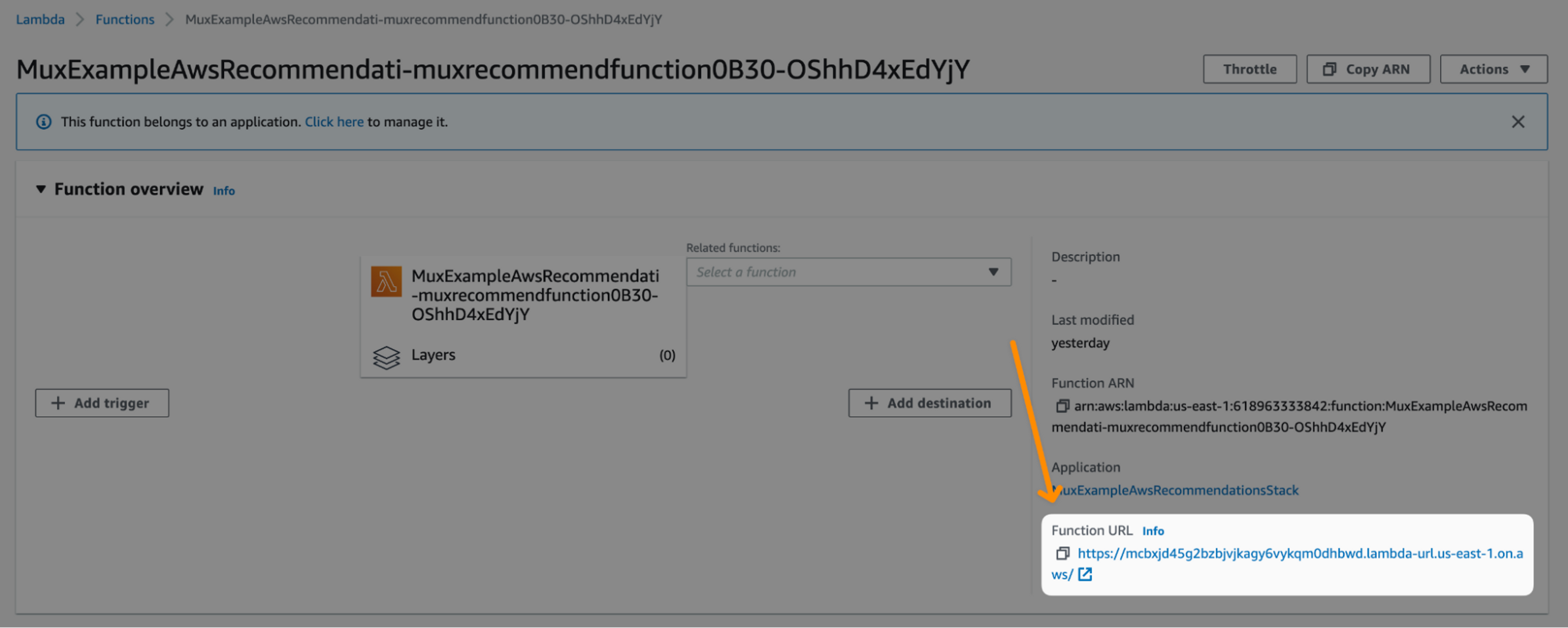 A screenshot of an individual AWS lambda function page showing the function's public URL value