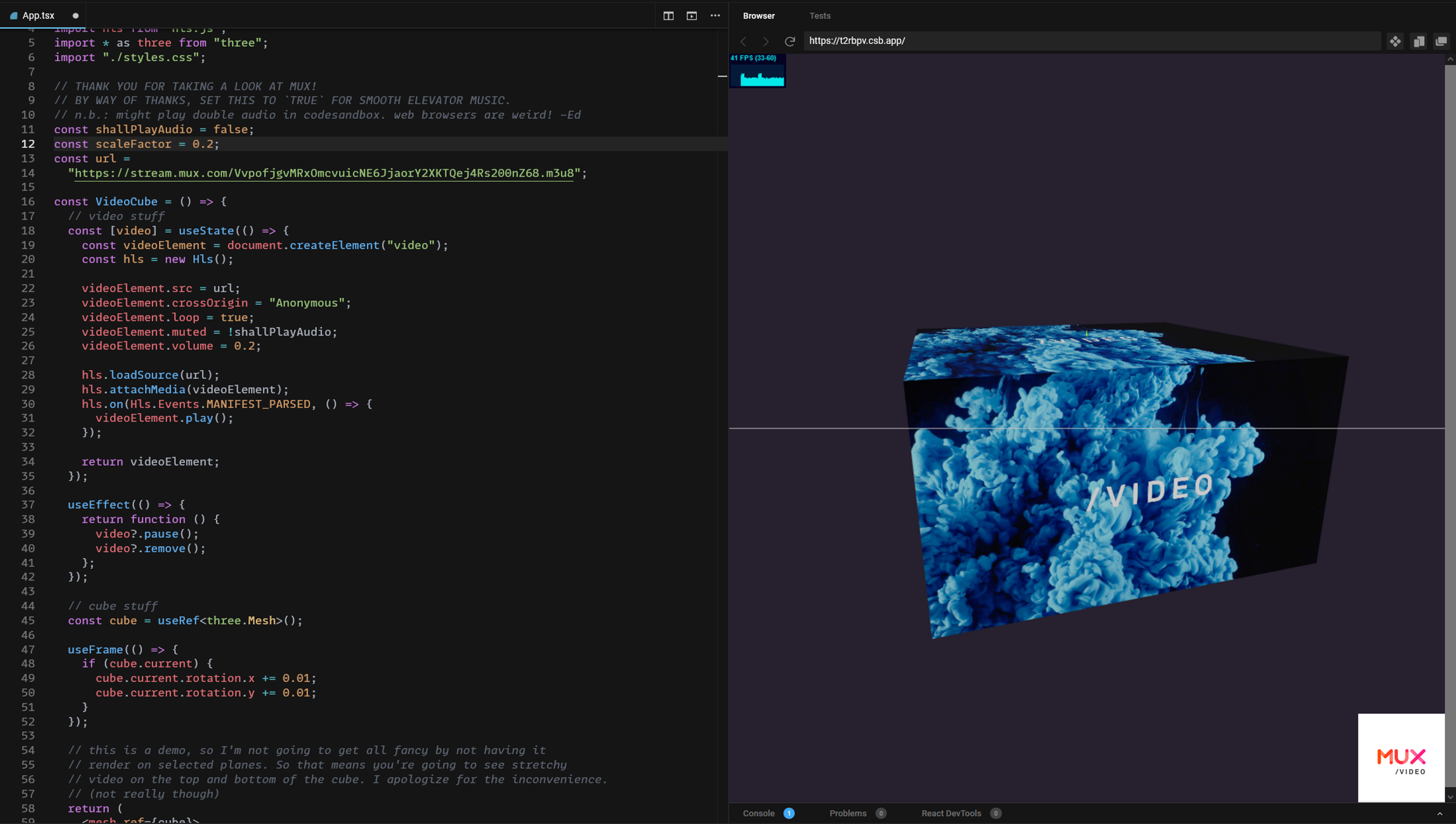 A screenshot of CodeSandbox running the Mux WebGL demo.