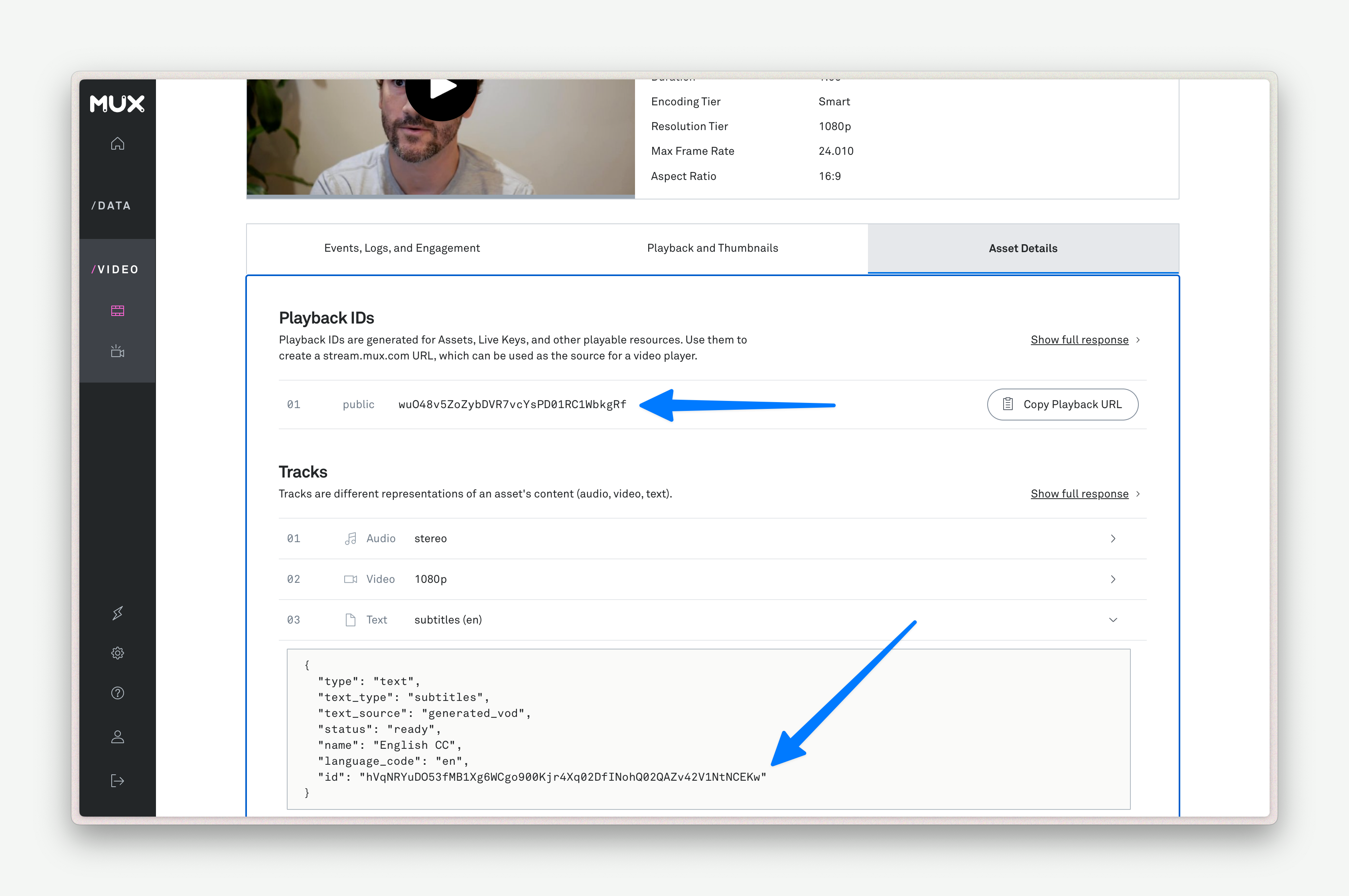 On the Mux dashboard, an arrow points to a video's playback ID, and an arrow points to a video's text track ID