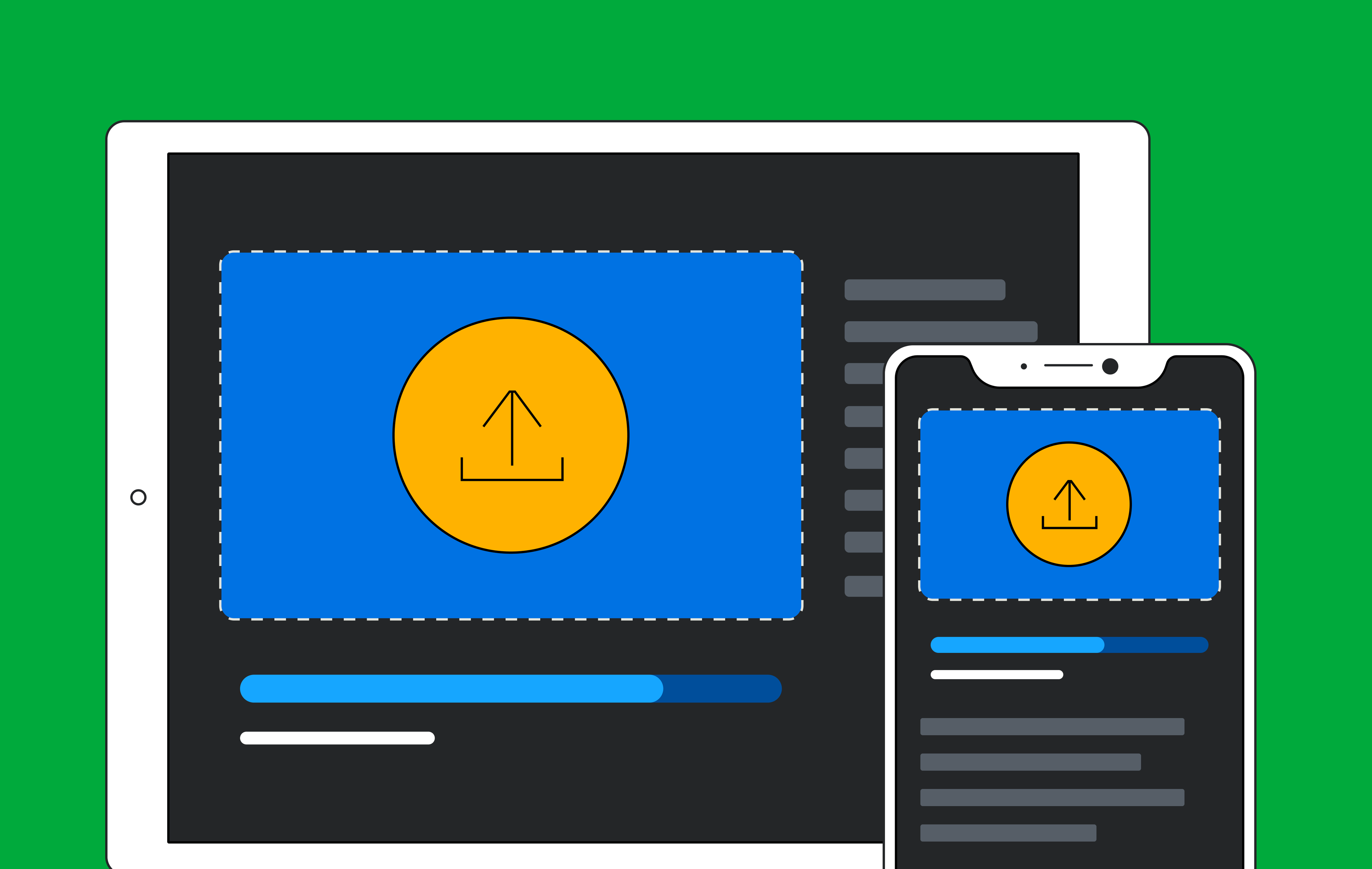 iPad and Android phone showing a video uploader UI
