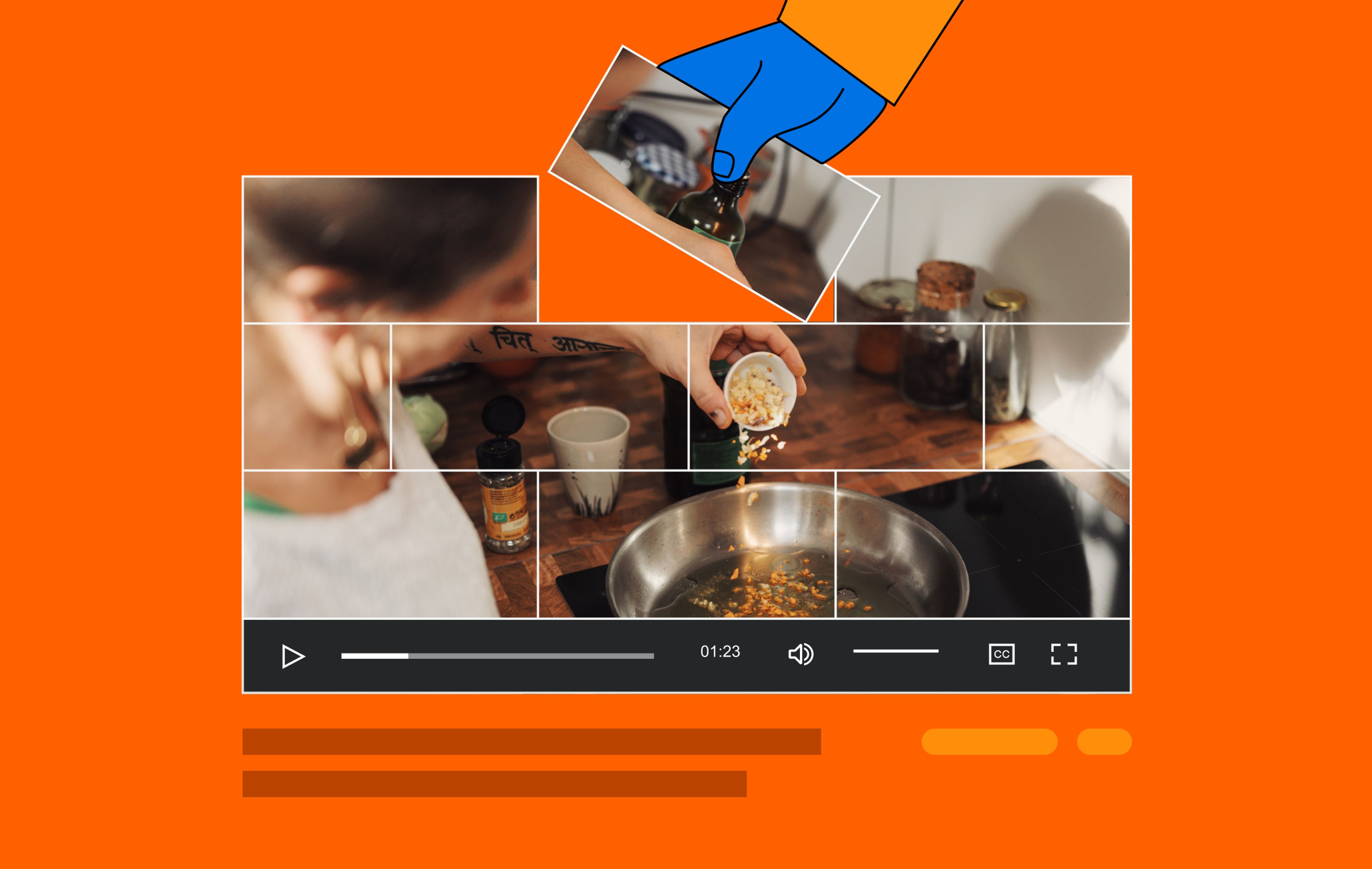An illustration depicting a video player being assembled by a blue hand like a jigsaw puzzle. The last piece is being put into place, completing the video player visualization.