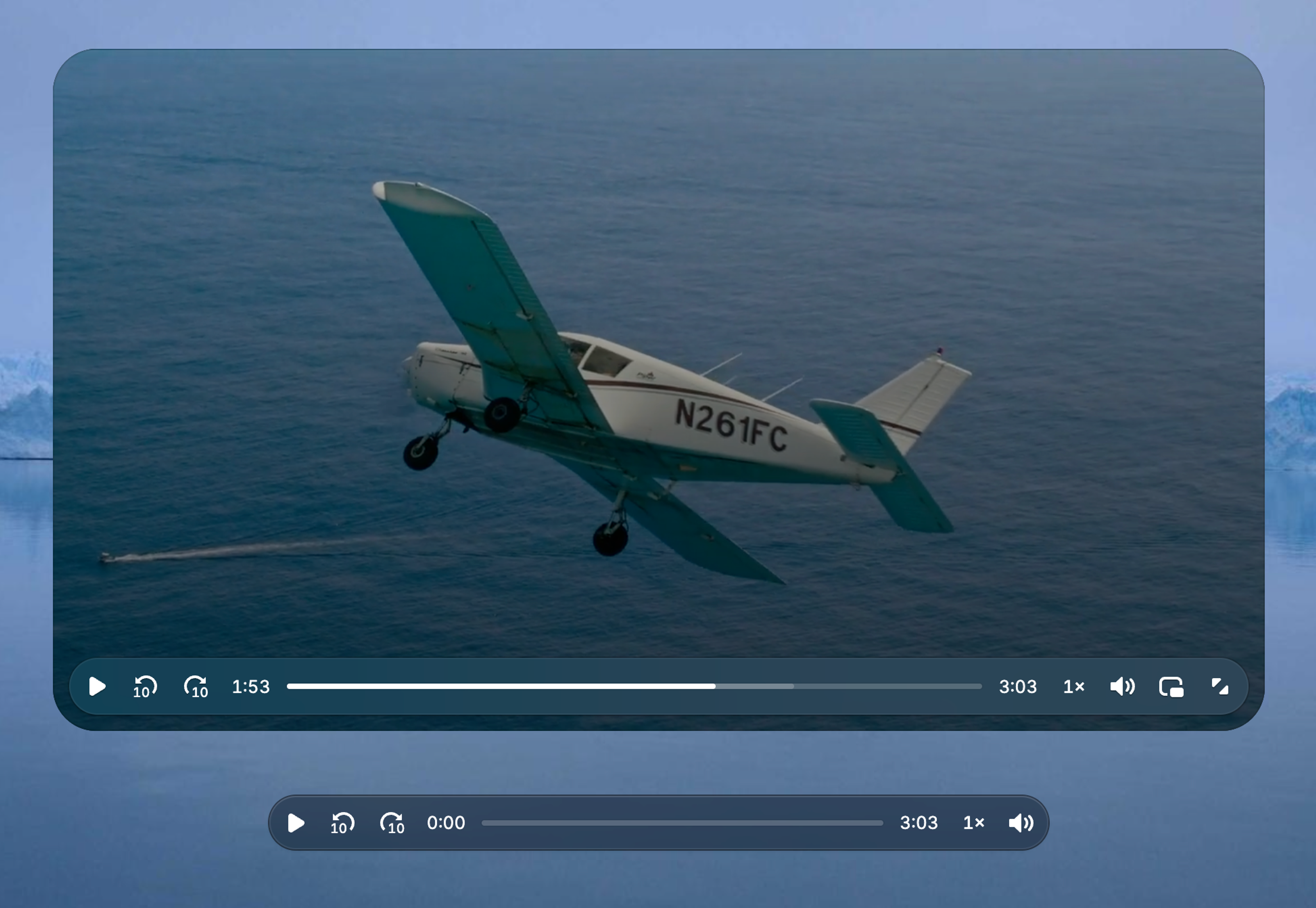 Video.js v10 default skin shown in light and dark variants, with a small plane flying over ocean as the video content.