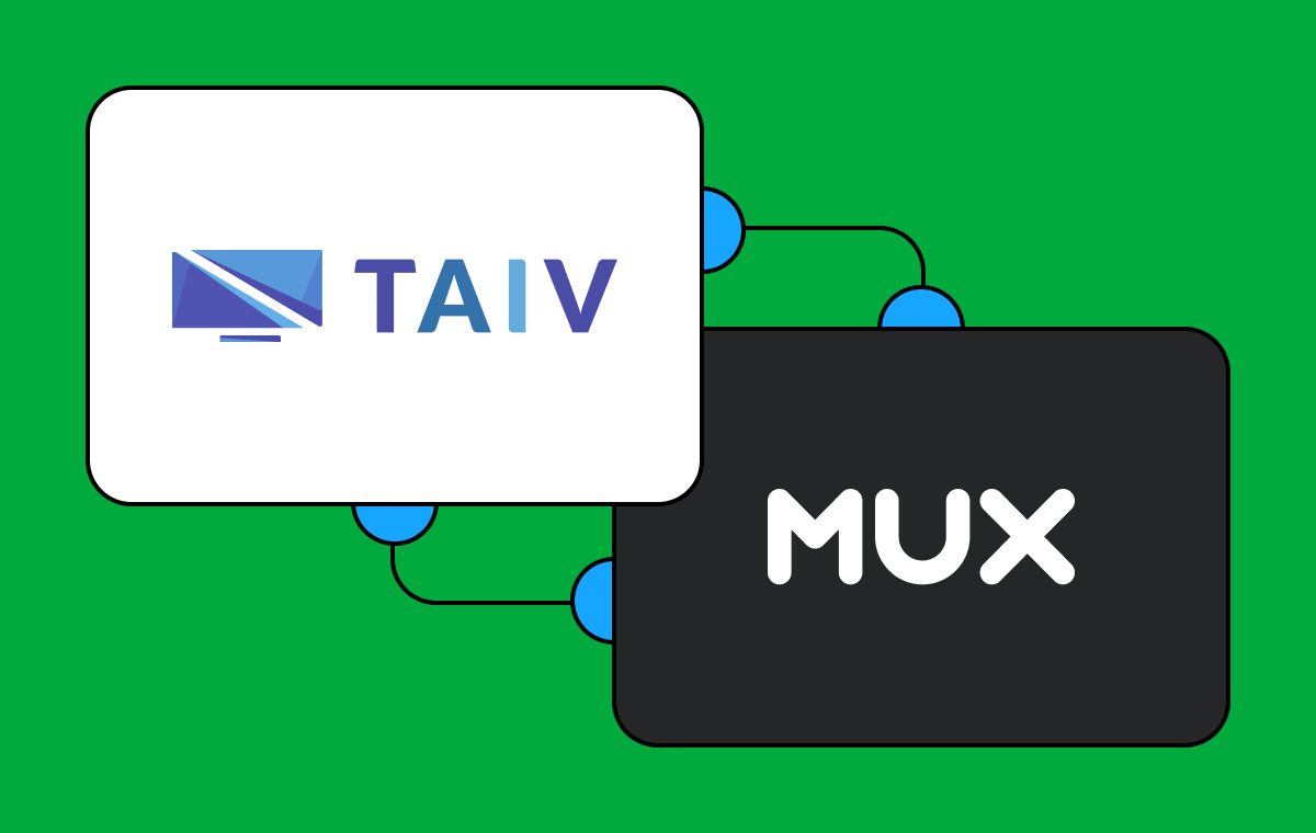 Taiv logo on the left, Mux logo on the right on green background