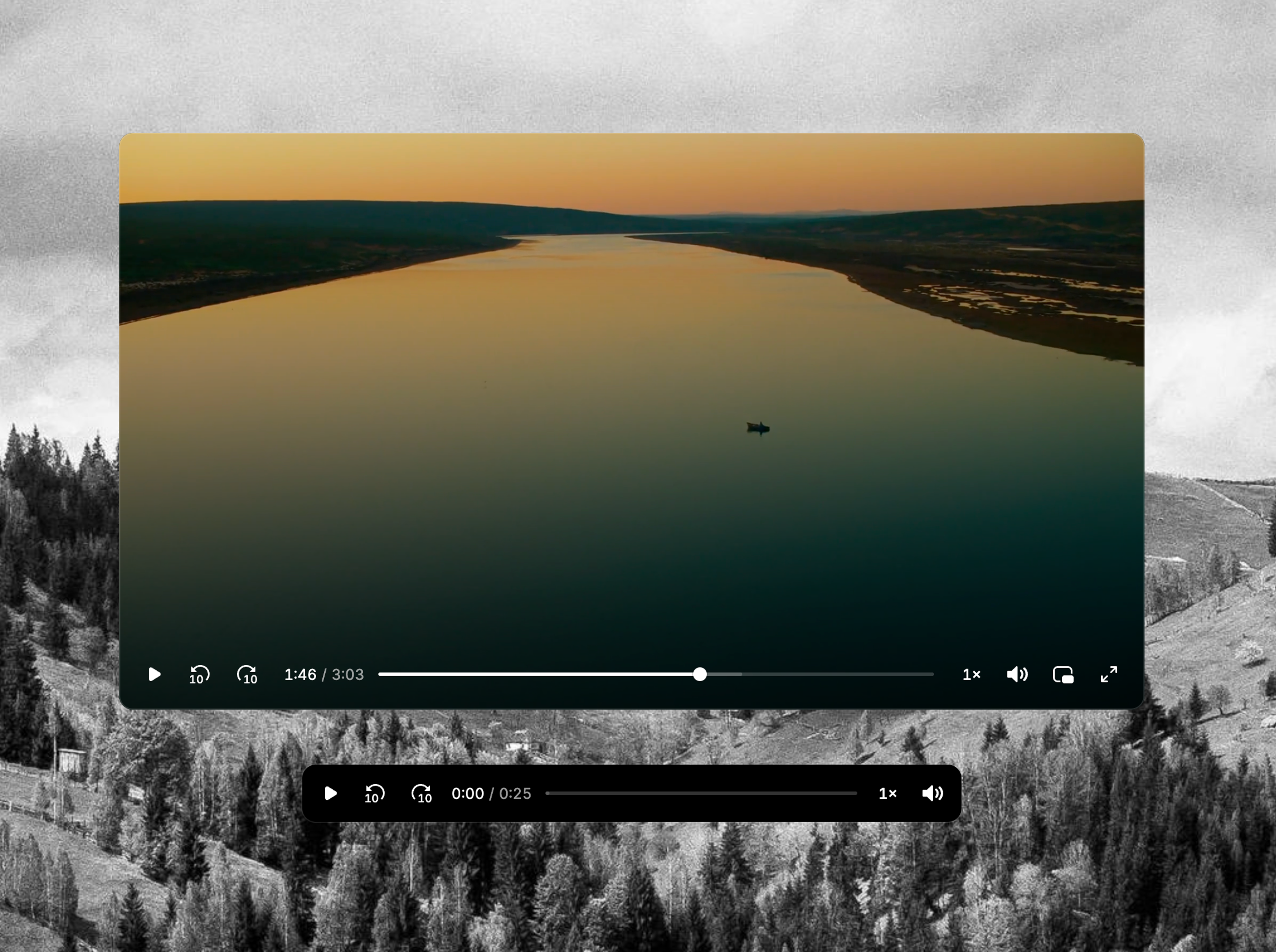 Video.js v10 minimal skin shown in video and audio variants, with an aerial shot of a river at sunset as the video content.