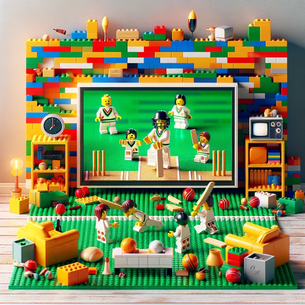 A scene of a cricket match being watched on TV with viewers also playing cricket built out of LEGO.