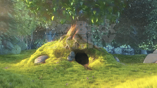 A GIF of a peaceful, sunlit animated scene featuring a mossy hill with a small cave entrance, surrounded by trees with dappled light filtering through the leaves.