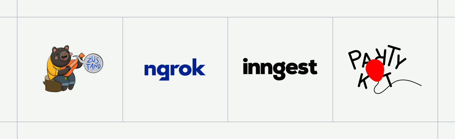 This image features a four-panel design with each panel containing different graphics and text. The first panel shows a cartoon bear playing a stringed instrument, with a speech bubble that reads "Zustand". The second panel has the word "ngrok" in blue text. The third panel displays the word "Inngest" in black text. The fourth panel shows the words "PARTY KIT" in black letters and a red balloon-like shape. The background of all panels is white.