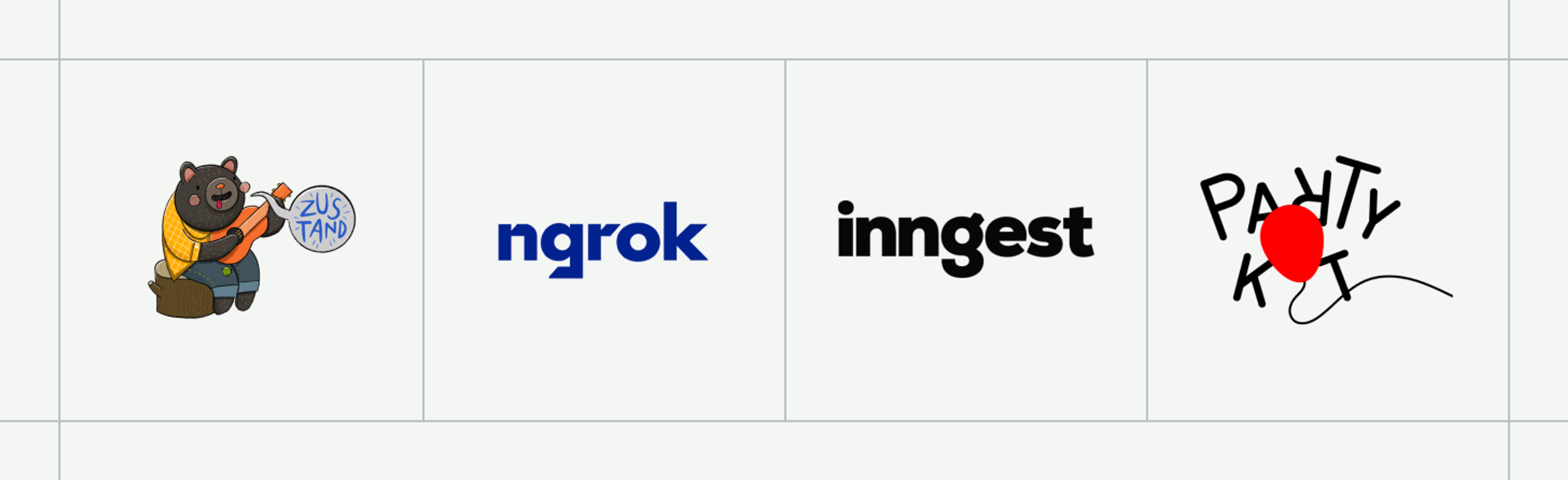 This image features a four-panel design with each panel containing different graphics and text. The first panel shows a cartoon bear playing a stringed instrument, with a speech bubble that reads "Zustand". The second panel has the word "ngrok" in blue text. The third panel displays the word "Inngest" in black text. The fourth panel shows the words "PARTY KIT" in black letters and a red balloon-like shape. The background of all panels is white.