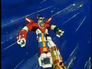 An animated gif of a clip from Transformers showing Voltron descending in space and showcasing some fighting poses.