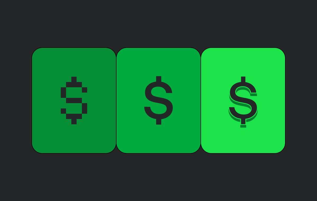 Three dollar sign icons on green cards, each rendered in a different style: pixel art, flat, and 3D.