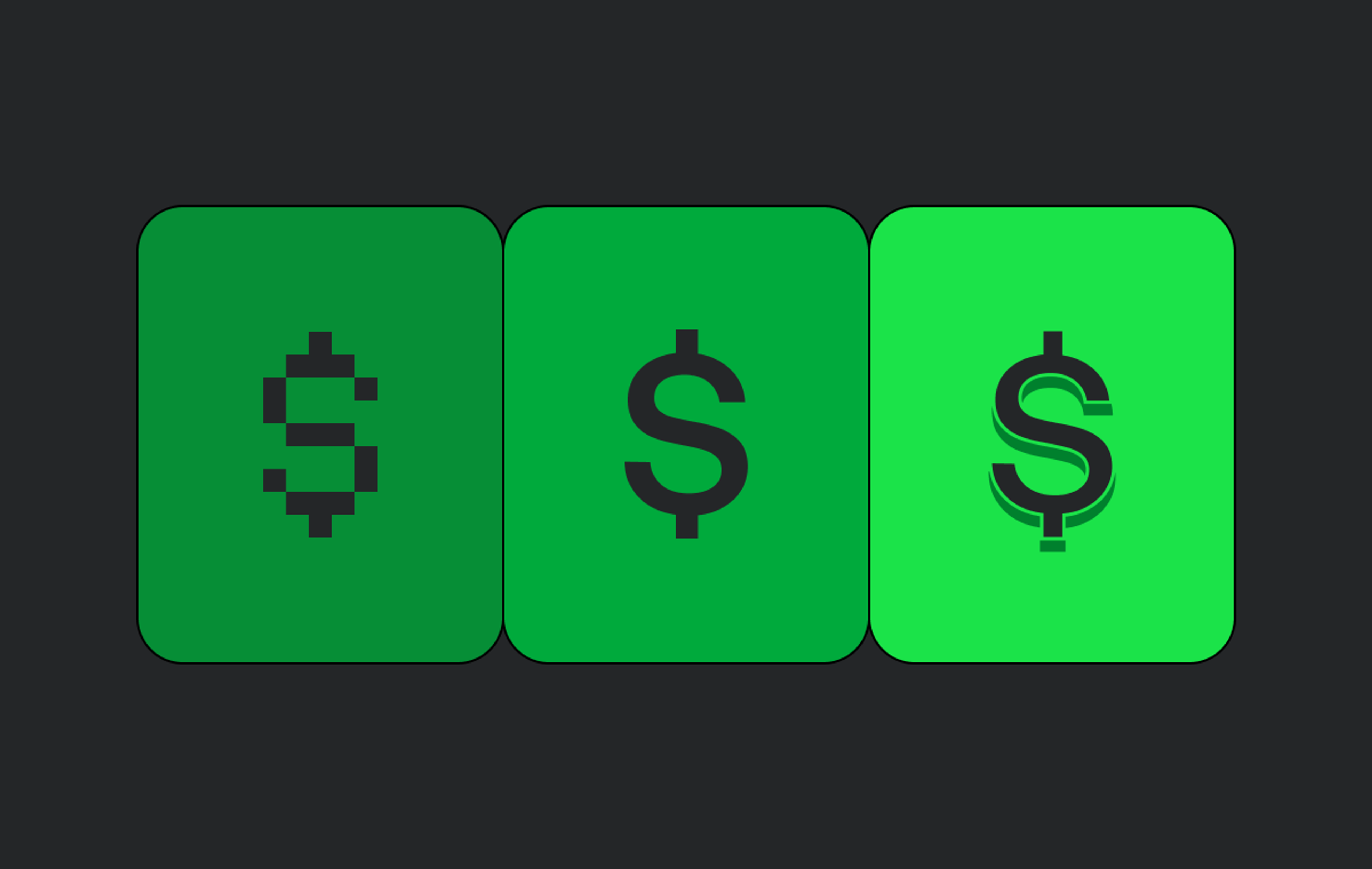 Three dollar sign icons on green cards, each rendered in a different style: pixel art, flat, and 3D.