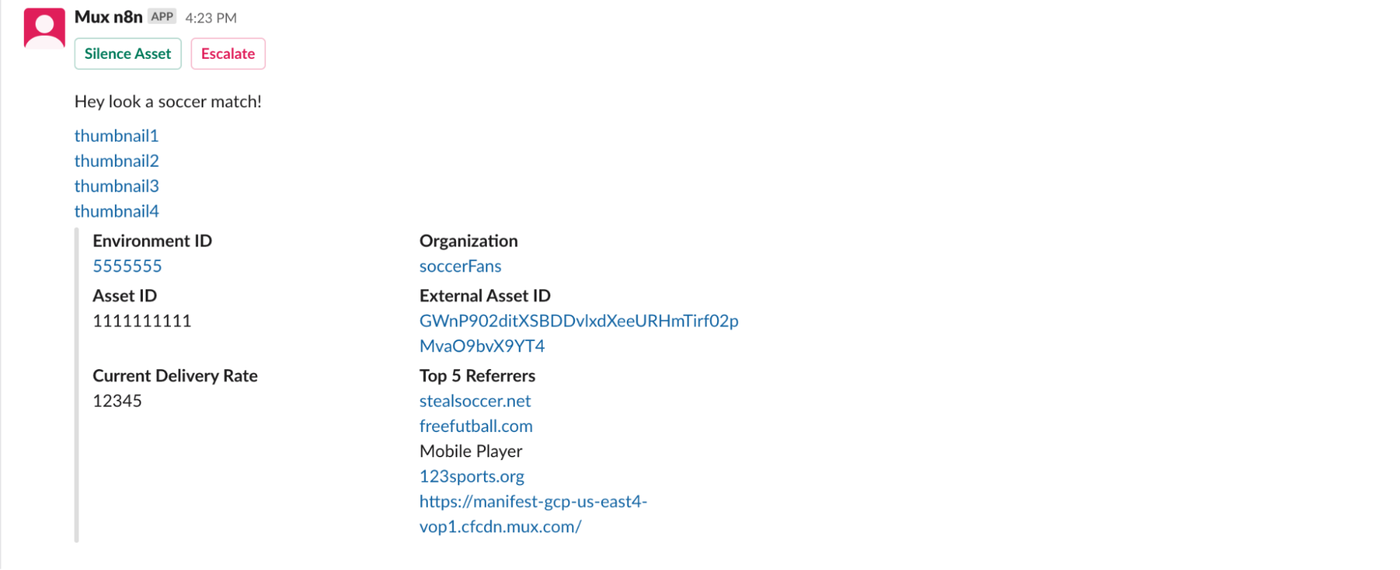 Mux n8n slack message detecting a soccer match