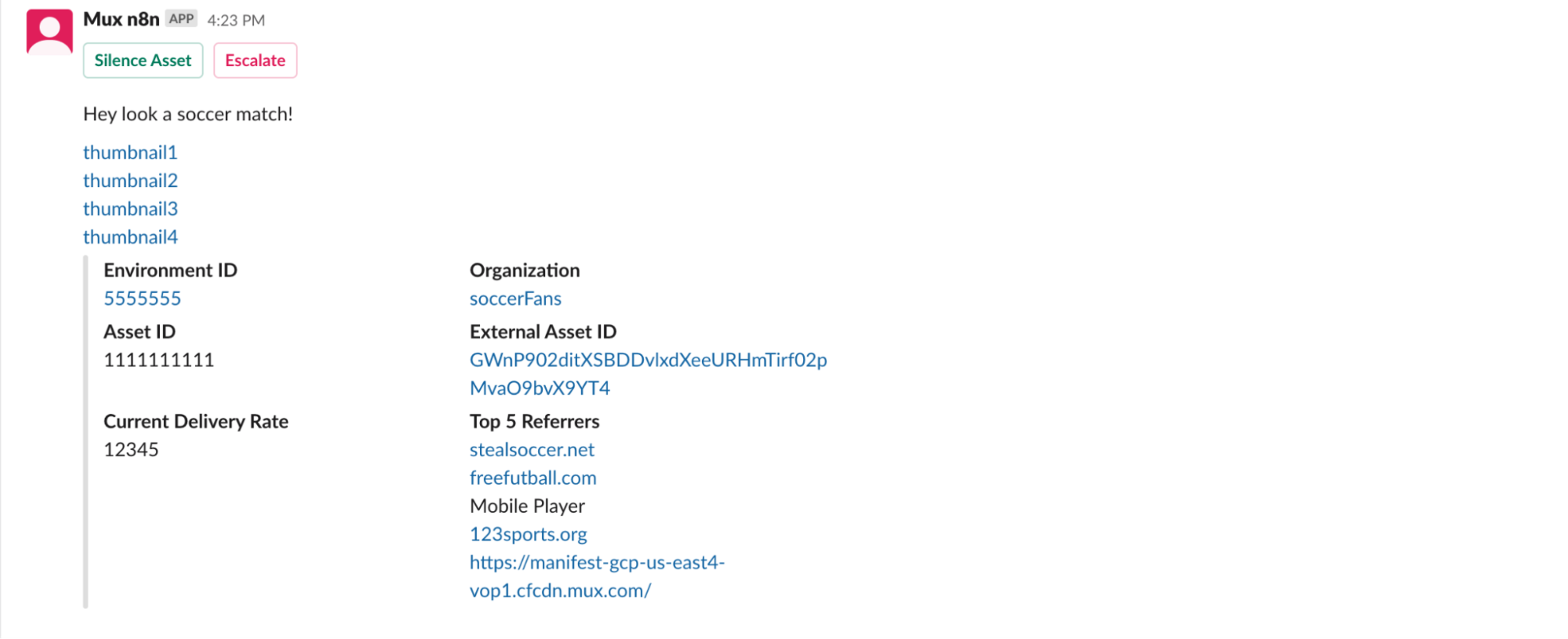 Mux n8n slack message detecting a soccer match