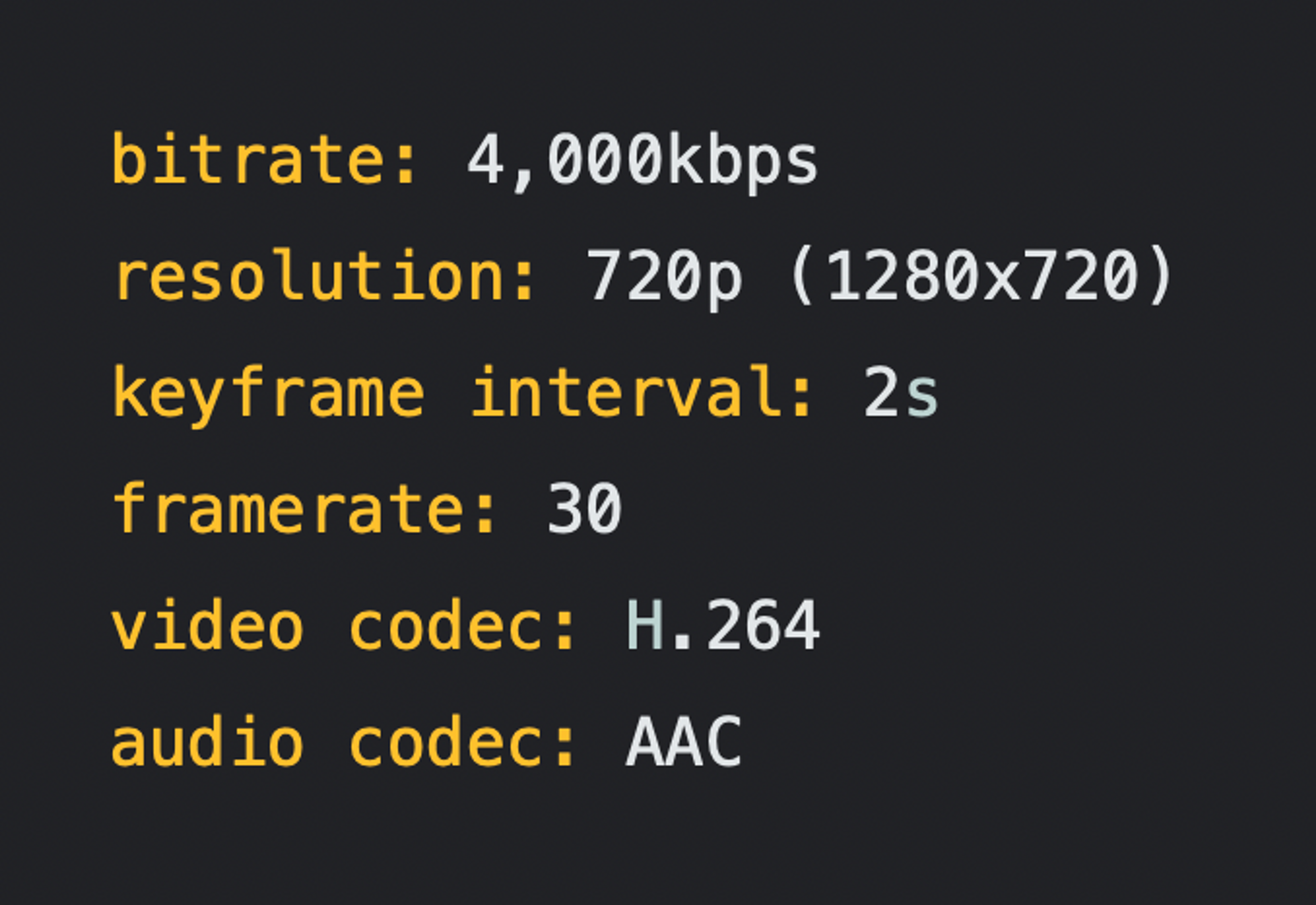 An image that shows bitrate, resolution, keyframe interval, framerate, video codec and audio codec