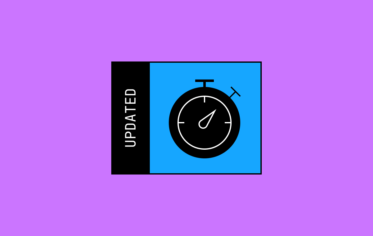 Blog post thumbnail showing a stopwatch icon on a blue background with a black "Updated" label, on a purple background.