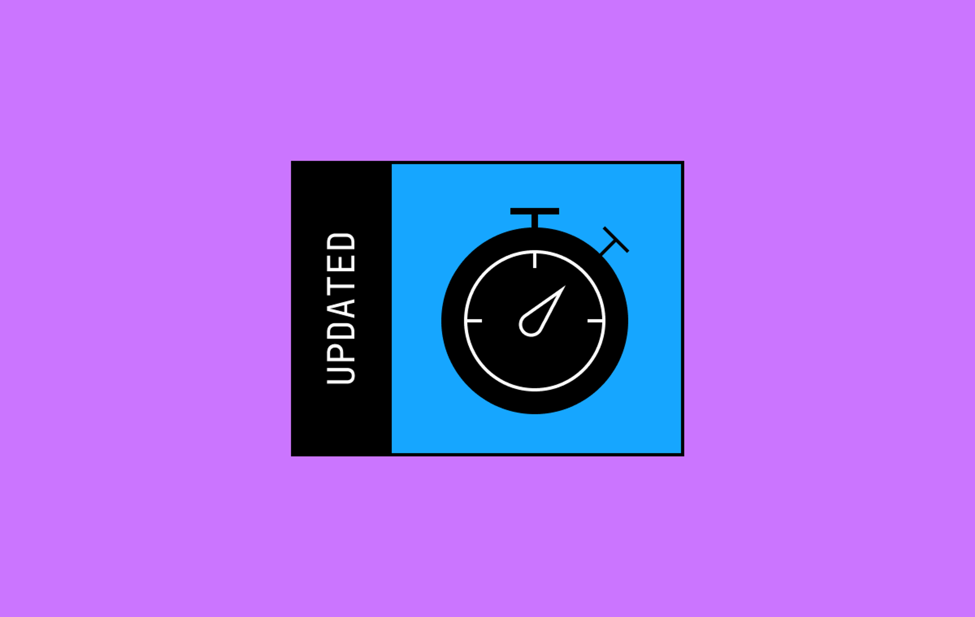 Blog post thumbnail showing a stopwatch icon on a blue background with a black "Updated" label, on a purple background.