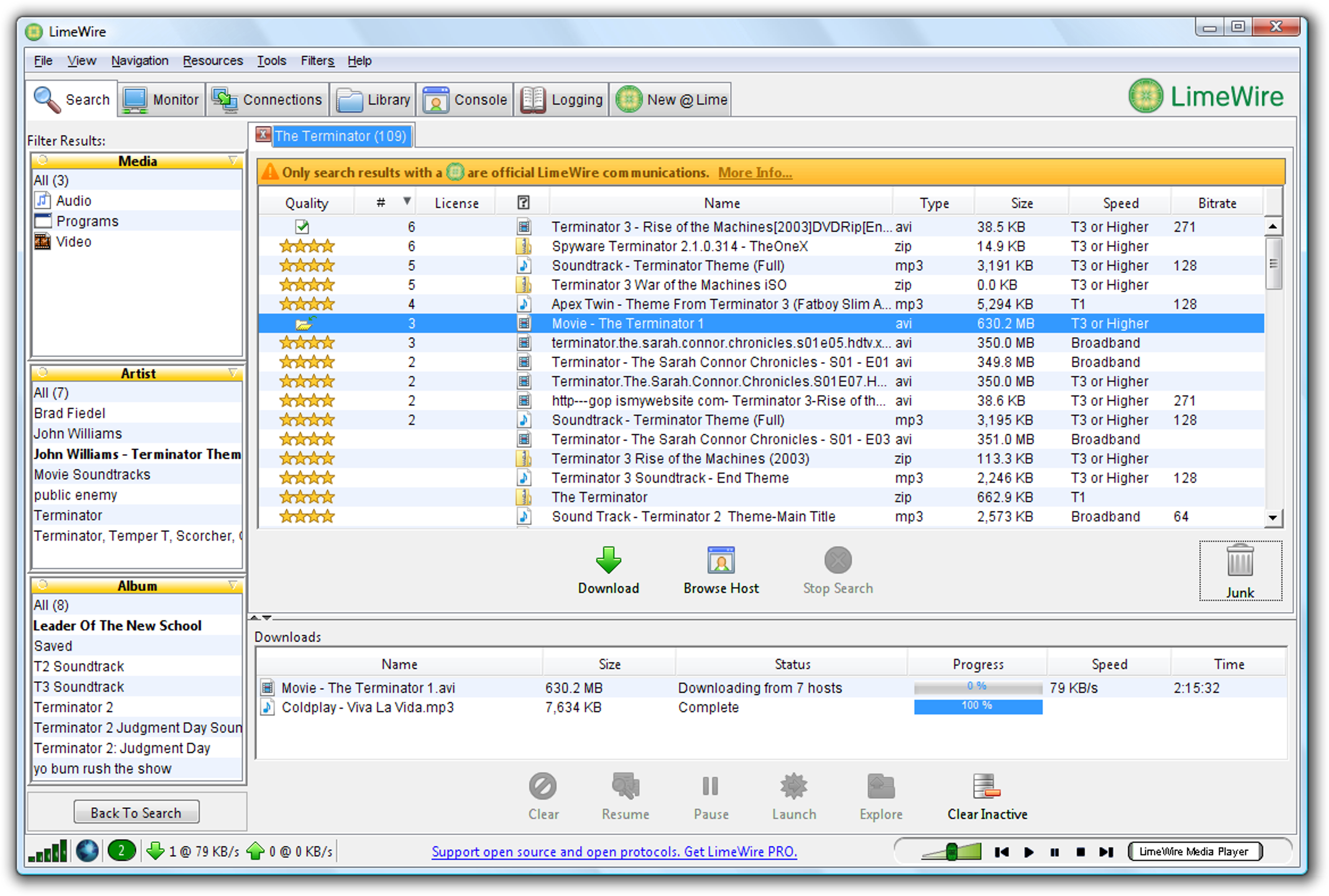 Screenshot of Limewire in 2008