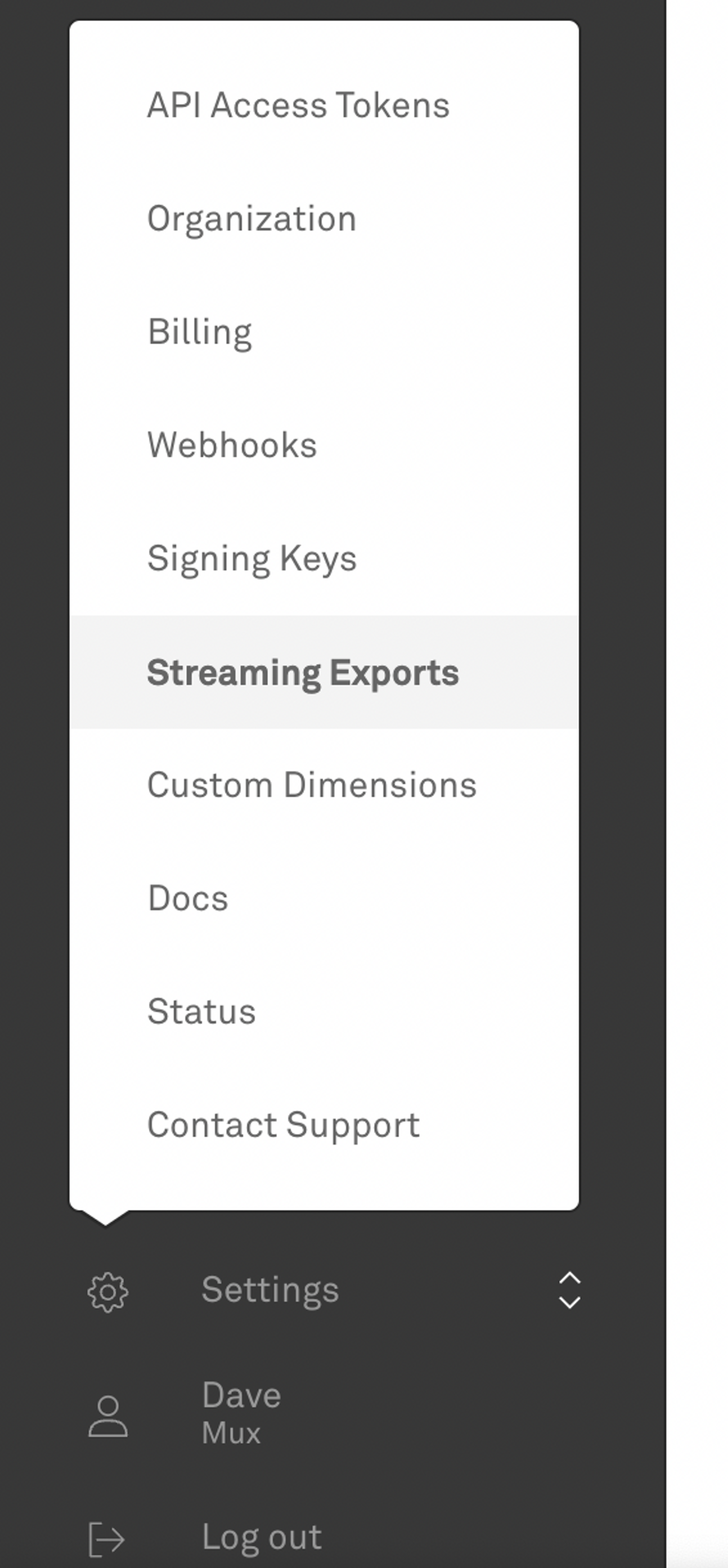 A screenshot of the Mux dashboard menu flyout showing Streaming Exports